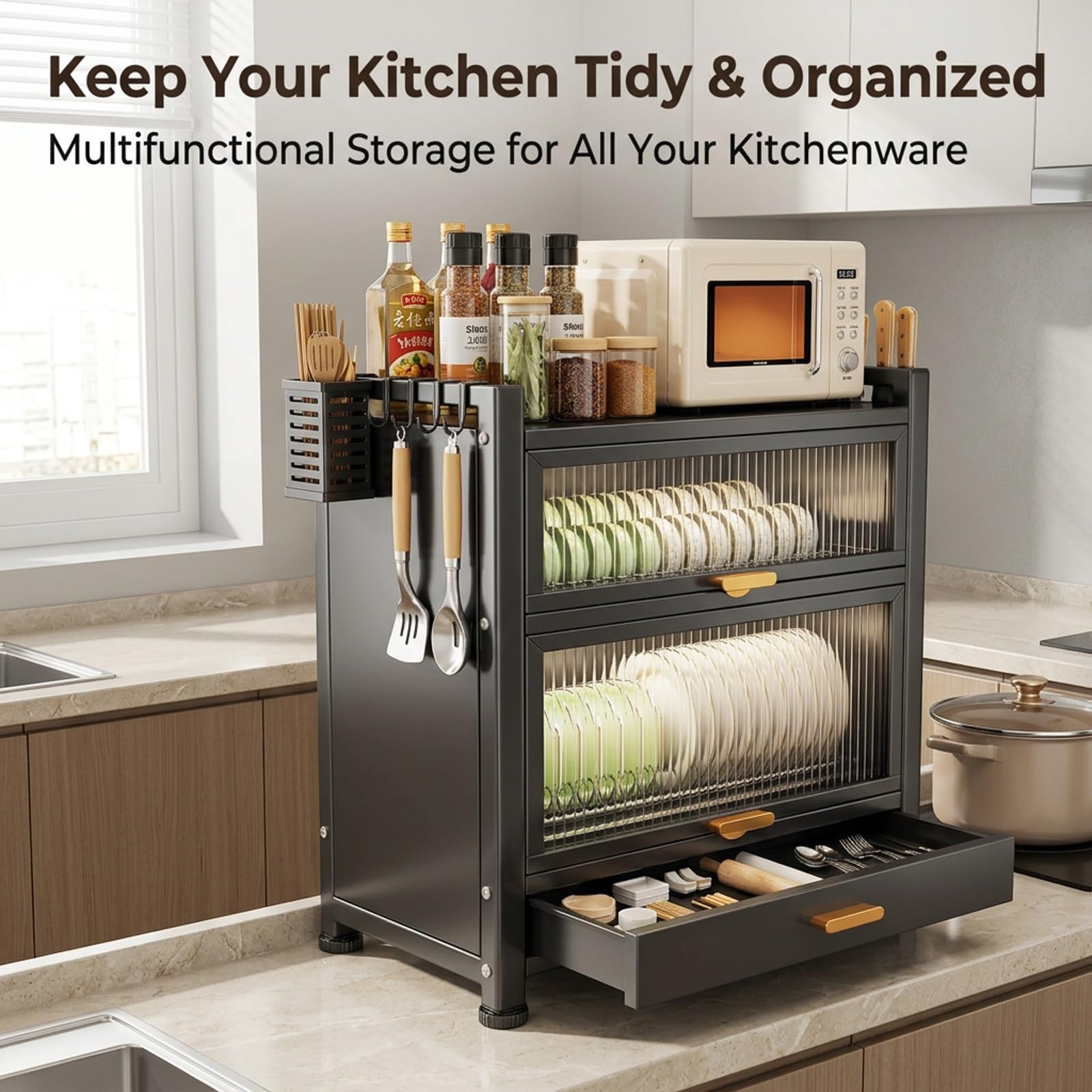 Escurridor de Platos con Puertas, Organizador de Cocina con Cajón | Acero al Carbono, Diseño a Prueba de Polvo, Organizador de Encimera, Gran Capacidad(Wit,57cm/22.4in)