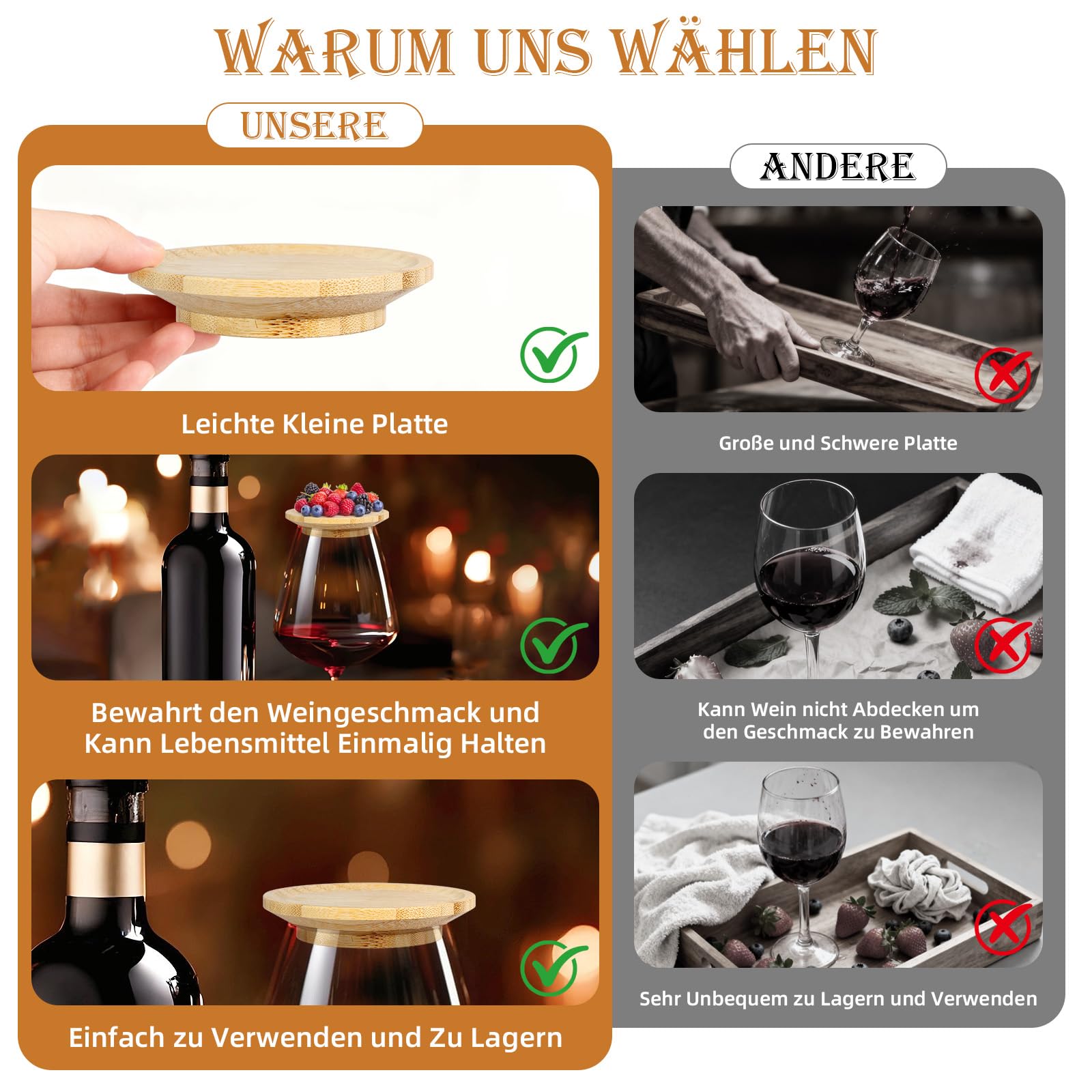 10er-Set Weinglas-Deckel mit Snack-Funktion in Gelb – Vielseitiger Holzdeckel für Gläser als Servierplatte, Aus Bambus, Doppelfunktionsuntersetzer Für Party, Garten & Festliches