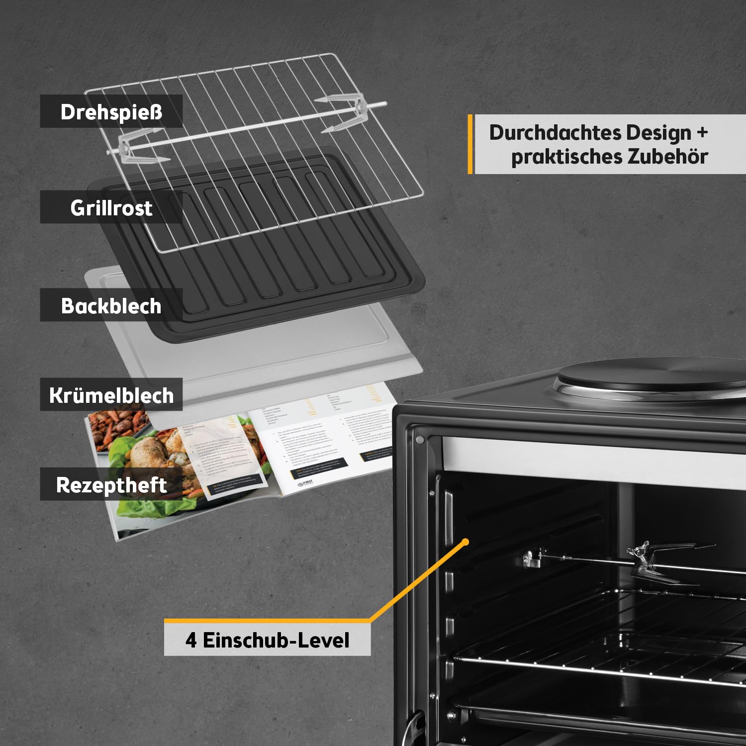 TZS First Austria - Minibackofen mit Kochplatten 45L 3200 W - Mini Backofen Pizzaofen mit Herdplatten bis 230°C & Antihaftbeschichtung - Miniofen Kombigerät mit 4 Einschubhöhen & hochwertigem Zubehör