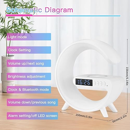Miniatura 5 de Mini lámpara de altavoz inalámbrico con reloj despertador, carga inalámbrica, luz de atmósfera, lámpara de mesita de noche regalos (blanco)