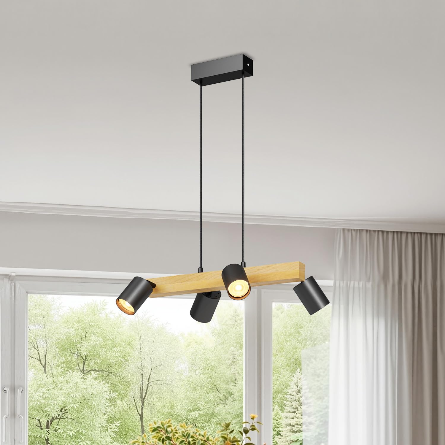 LVWIT Czarne lampy wiszące, lampy wyspowe do kuchni GU10, drewniane lampy sufitowe, lampa sufitowa do jadalni z 4 podstawami, salonu, sypialni, przedpokoju (bez żarówek)
