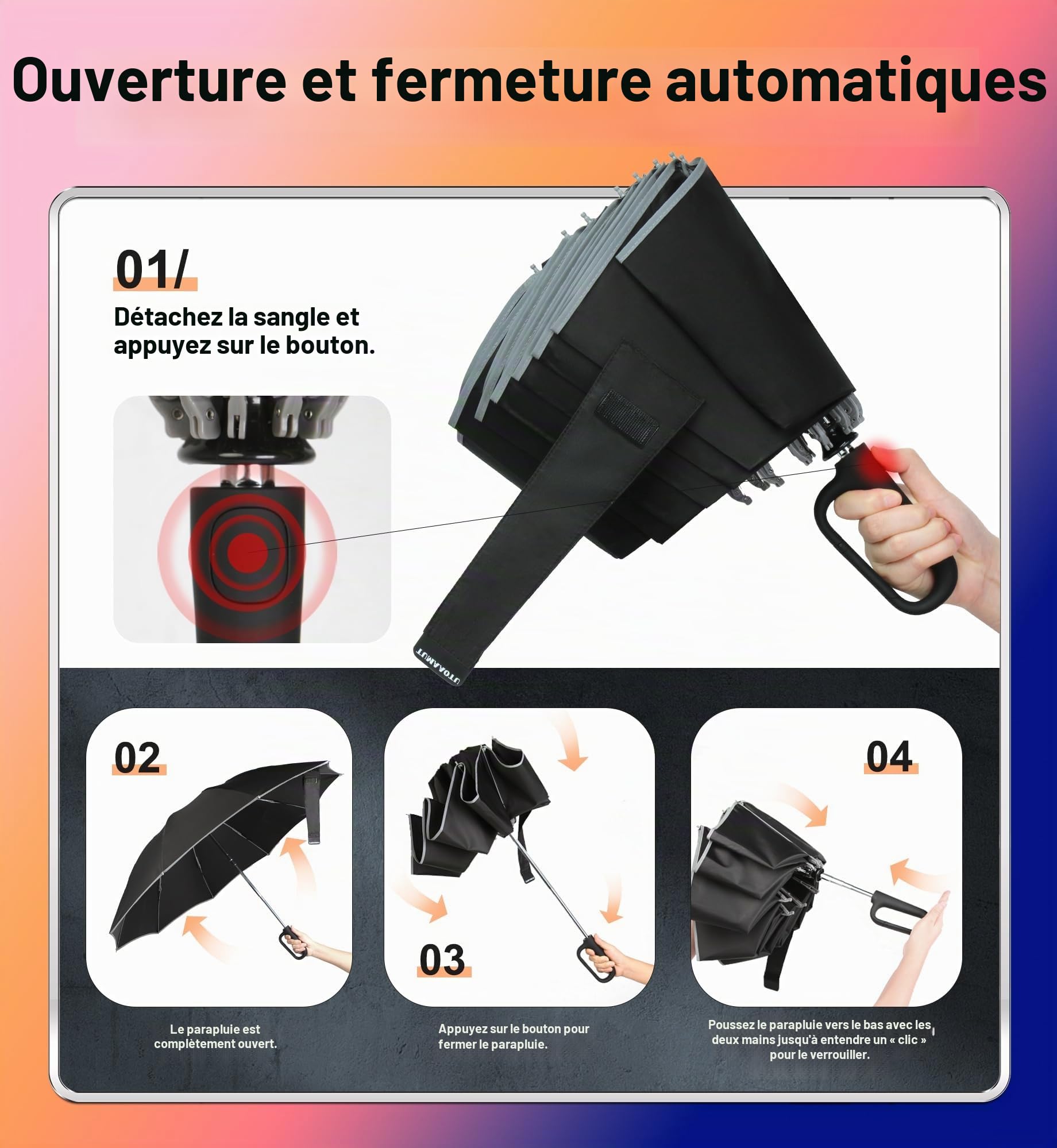 QWB TUMAAOTU Parapluie inversé avec poignée à mousqueton, parapluie coupe-vent pour la pluie et le soleil, parapluie de voiture portable pliable inversé de 117 cm, parapluie de voiture pour homme et