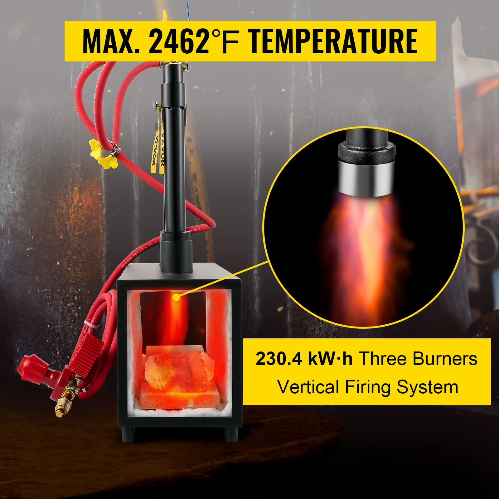 VEVOR Forge à Gaz Propane 15 L Four de Fusion Portable, avec 3 Brûleurs 4 Tuyaux de Gaz, 230,4 kW·h Chaleur Rapide Meilleur Effet d'Isolation pour Fabrication Couteaux Forgeage Métaux Noir