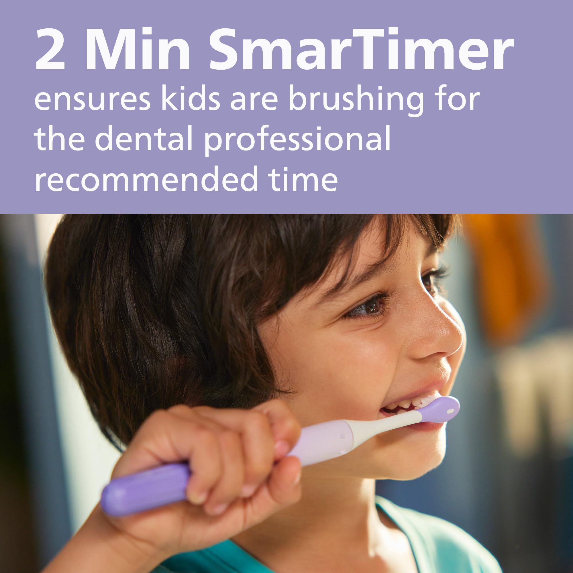 Philips Sonicare Philips Sonicare One for Kids Battery Toothbrush, Age 3+, SmarTimer & QuadPacer, Purple, HY1130/01 in use