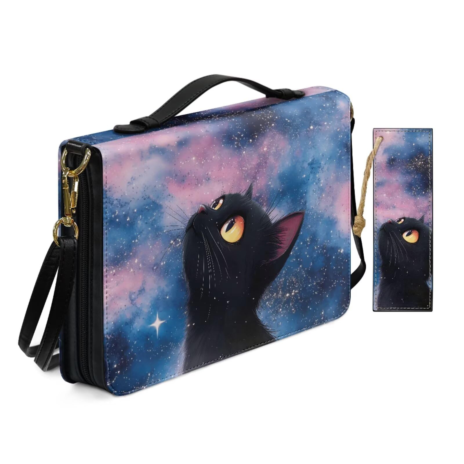 Women Pu Leather Bible Cover Bag with Shoulder Strap Galaxy Bombay Cat Bible Case for Women with Bookmark Church Religious Book Covers with Handle Pockets Black