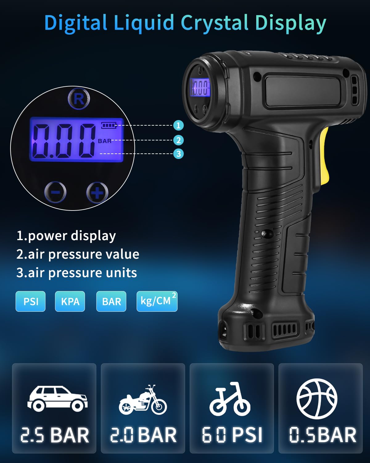 Elektrische Luftpumpe, Autoreifen pumpe mit Digitalanzeige,Notlicht,150PSI Elektrischer Kompressor,USB-C wiederaufladbar,elektrische fahrradpumpe,Elektrische pumpe für Auto,Motorrad,Fahrräder,Bälle
