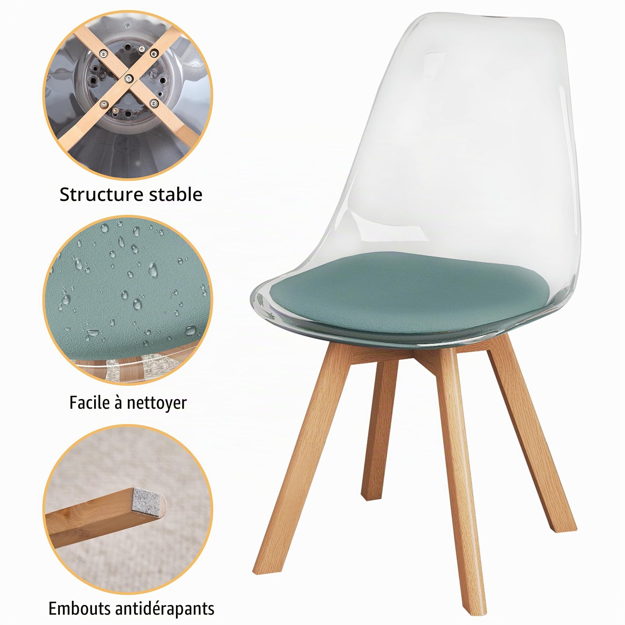 GrandCA HOME Lot de 4 Chaises de Salle à Manger avec Coussin de Siège en Velours, Chaises Latérales Transparentes pour Cuisine, Salle à Manger, Chambre à Coucher (Vert/Velours)