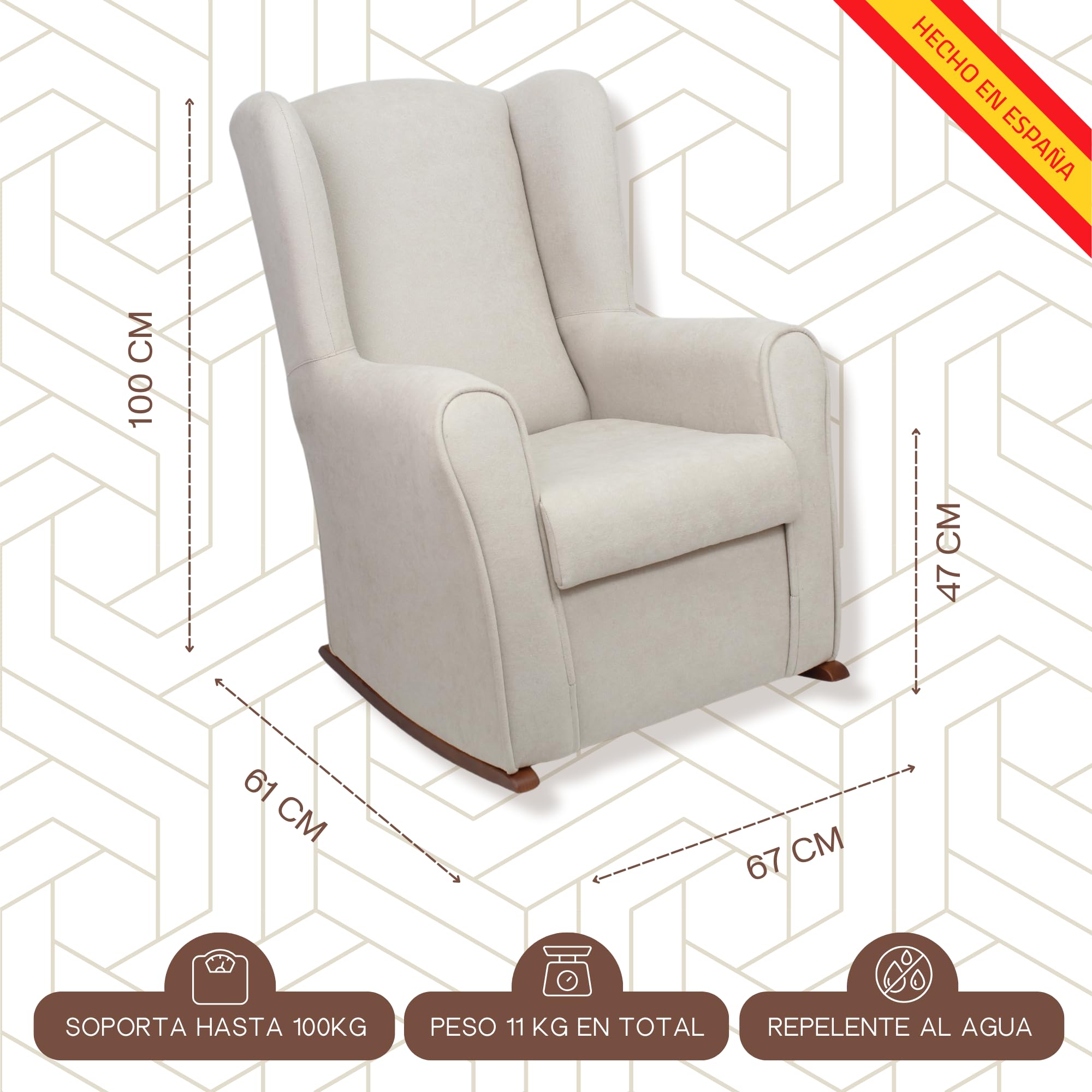 HOME DESIGN & CONFORT® Sillón Orejero Balancín Viena con Tela Antimanchas para Dormitorio, Salón, etc | Mecedora Orejera Fabricado en España (Beige)