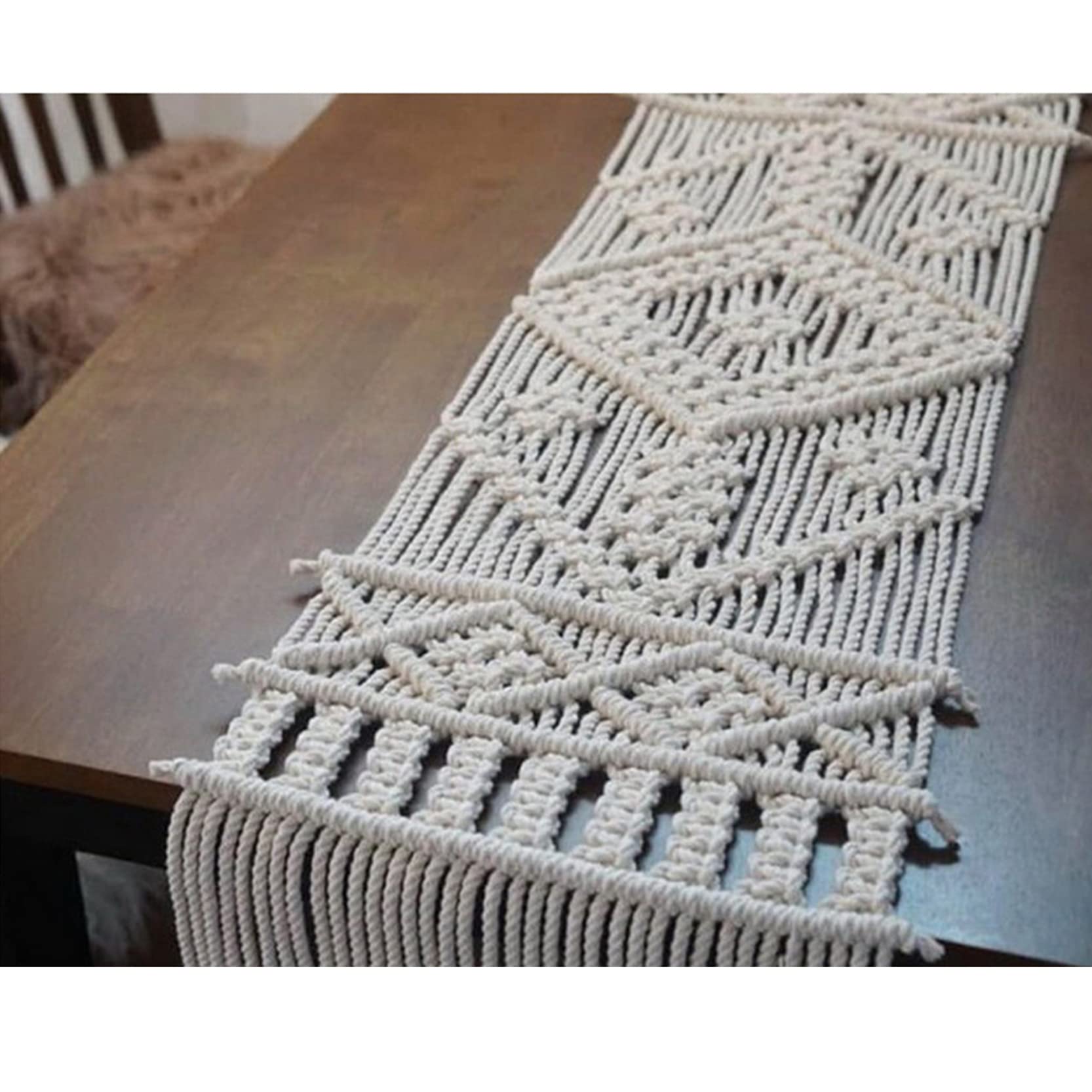 Chemin de Table en macramé Chemin de Table en Corde de Coton Naturel bohème tissé à la Main Couverture de Table/Nappe pour décor de Table de Ferme de Mariage Rustique,Beige-35x300cm
