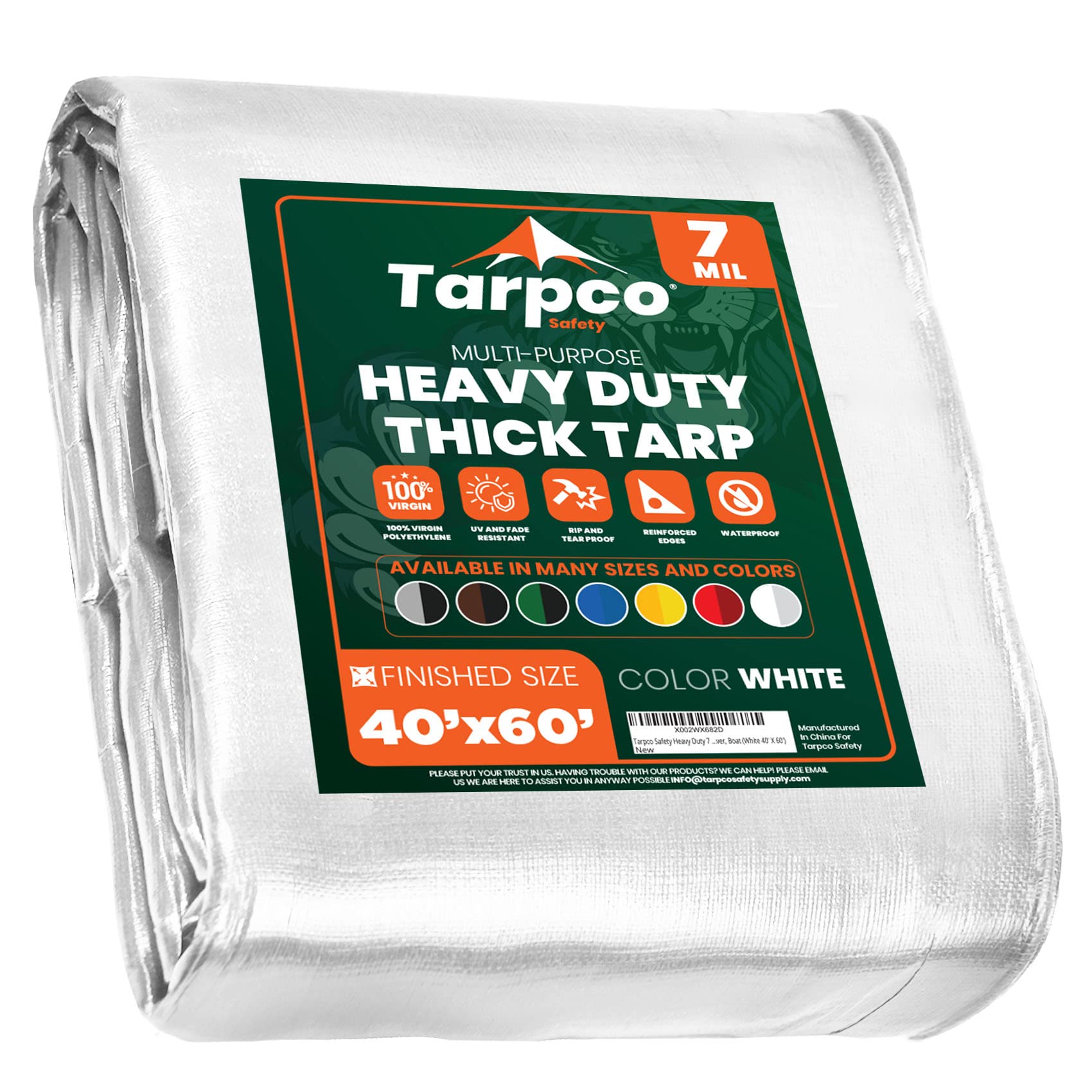 Heavy Duty 7 Mil Tarp Cover, Waterproof, UV Resistant, Rip and Tear Proof, Poly Tarpaulin with Reinforced Edges for Roof, Camping, Patio, Pool Cover, Boat (White 40′ X 60′)