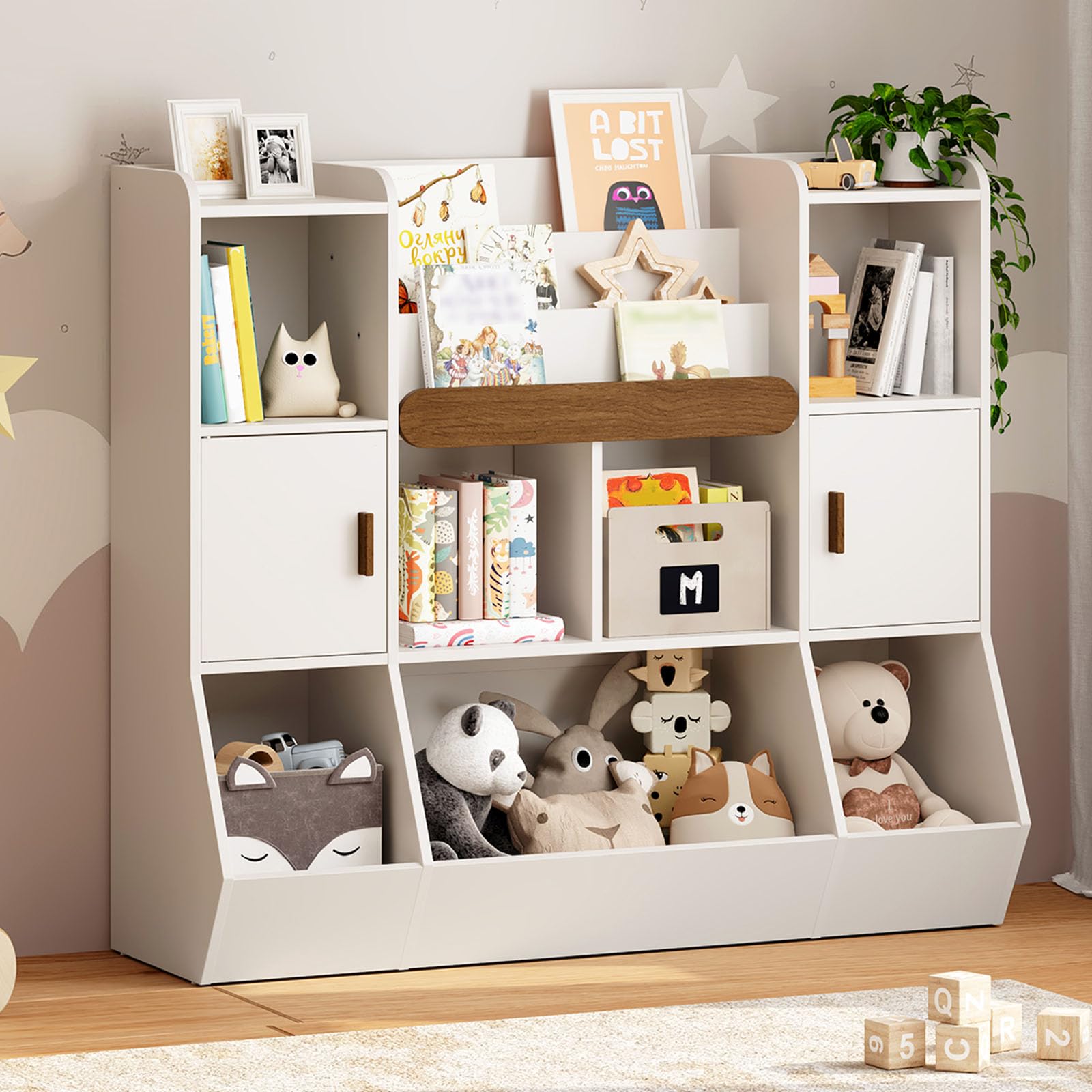 Detailed diagram showing the dimensions of the RALGEND Kids Toy Storage Organizer, including height, width, and depth of various compartments and shelves.