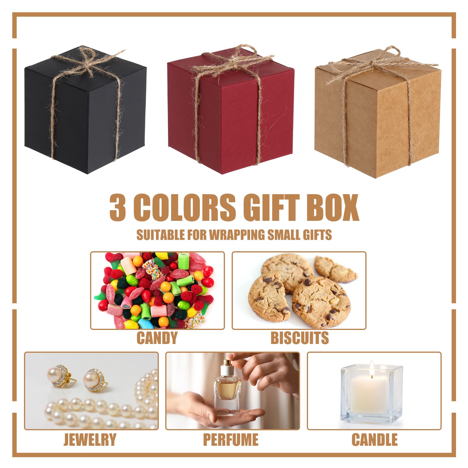 60 Stück kleine Geschenkboxen, 7.6x7.6 cm, Weihnachtsboxen mit Schnur, Kerzenboxen, Verpackung, quadratische Kraftboxen für Weihnachtsgeschenke, Hochzeit, Geburtstag, Brautjungferantrag, Rot, Schwarz