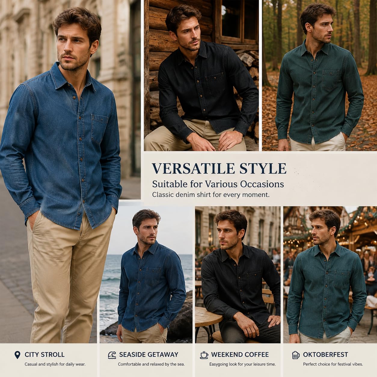 Camicie Da Uomo In Denim Di Cotone, Vestibilità Slim, Giacca Oktoberfest Con Taschino Sul Petto, Maniche Lunghe, Casual, Con Bottoni, Shacket Autunnale, Vintage, Abbigliamento Da Lavoro Per Tutti I