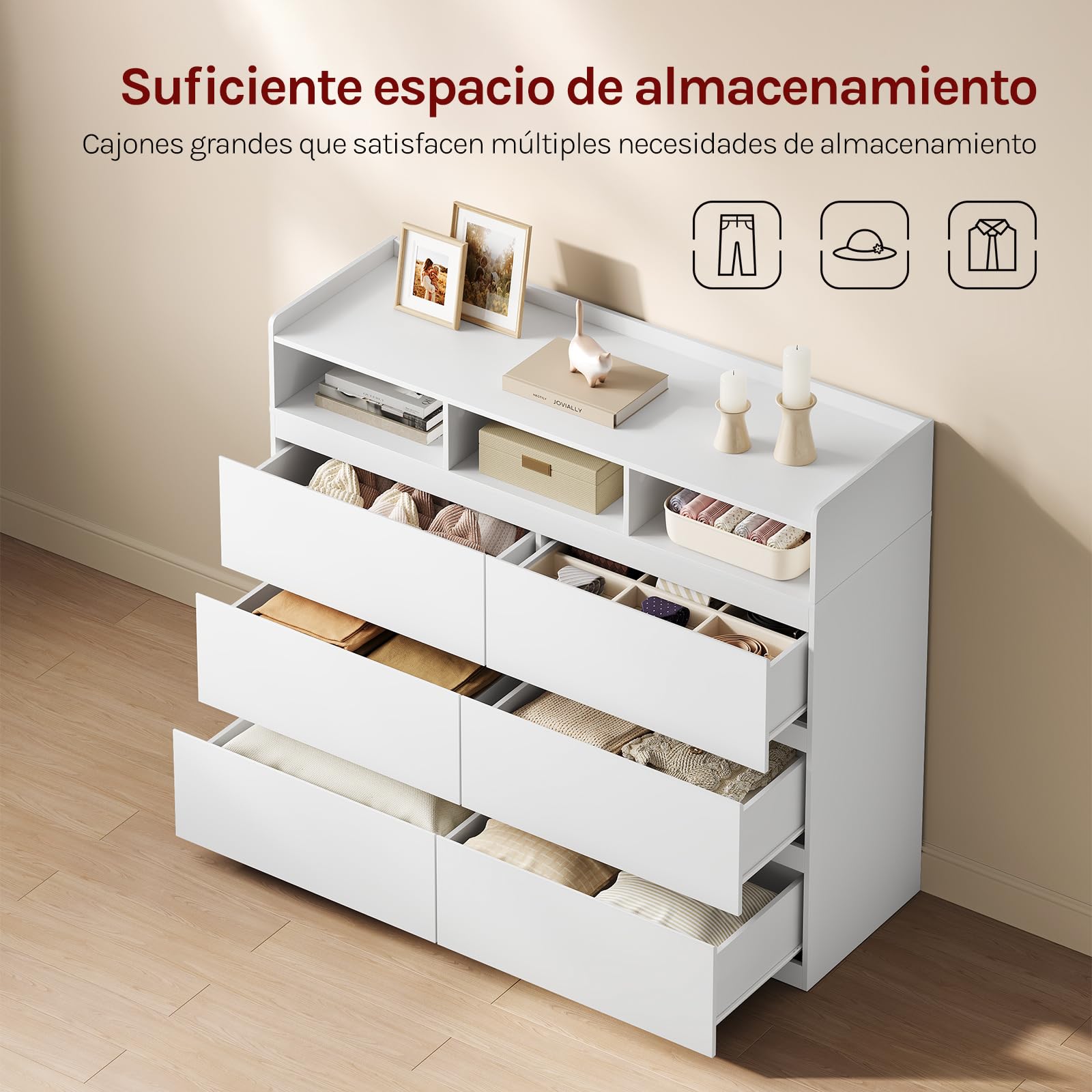 WOLTU Cajonera Cómoda, Cajonera Organizador de Almacenamiento | 6 Cajones y 3 Compartimentos Abiertos, Encimera Grande, para Dormitorio, Salón y Pasillo, 120x40x80 cm, Blanco