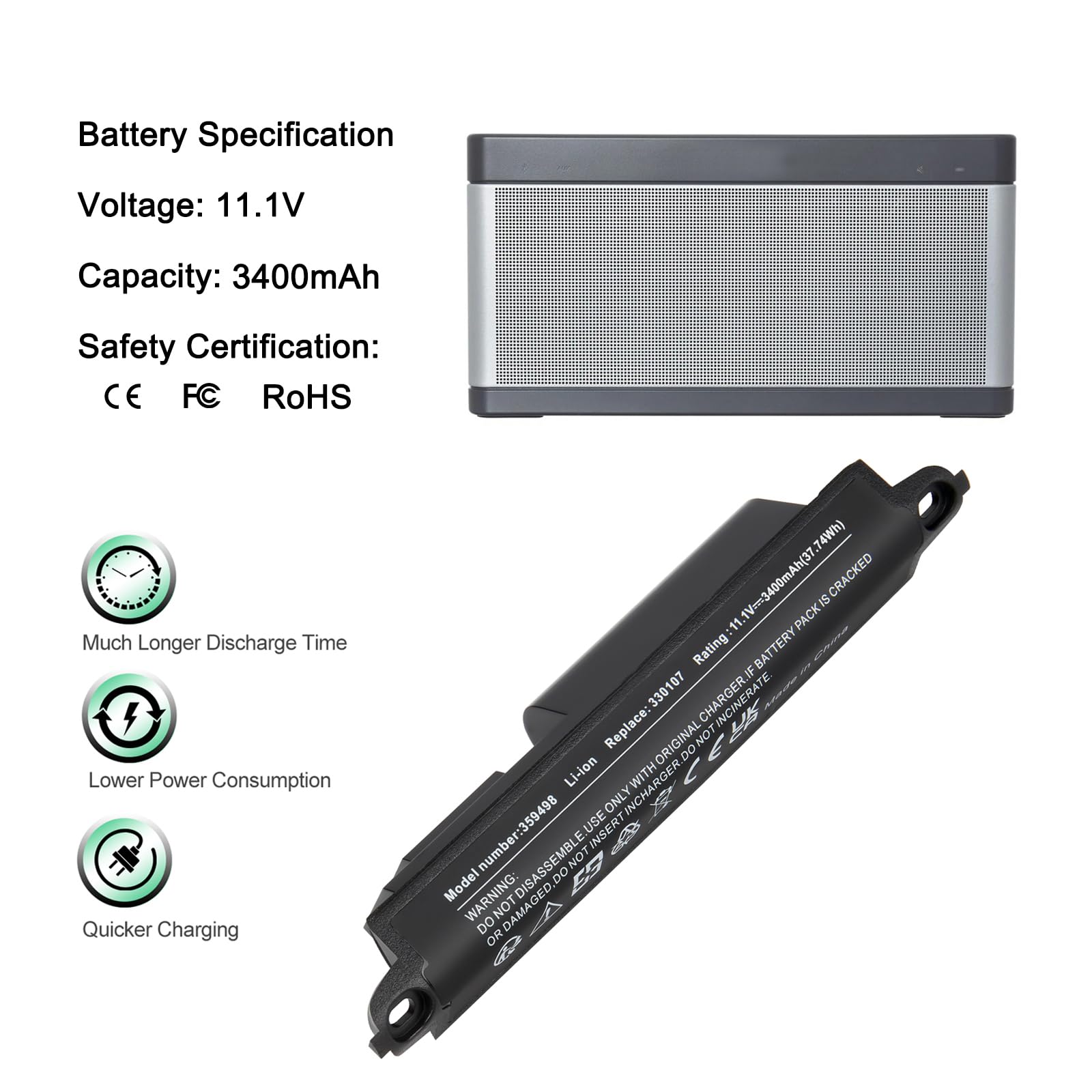 11.1V 3400mAh 359495 Batteria per Bose SoundLink III 330107 359498 330107A 359495 330105 330105A Ricambio per Bose SoundLink Bluetooth Mobile Speaker II 404600