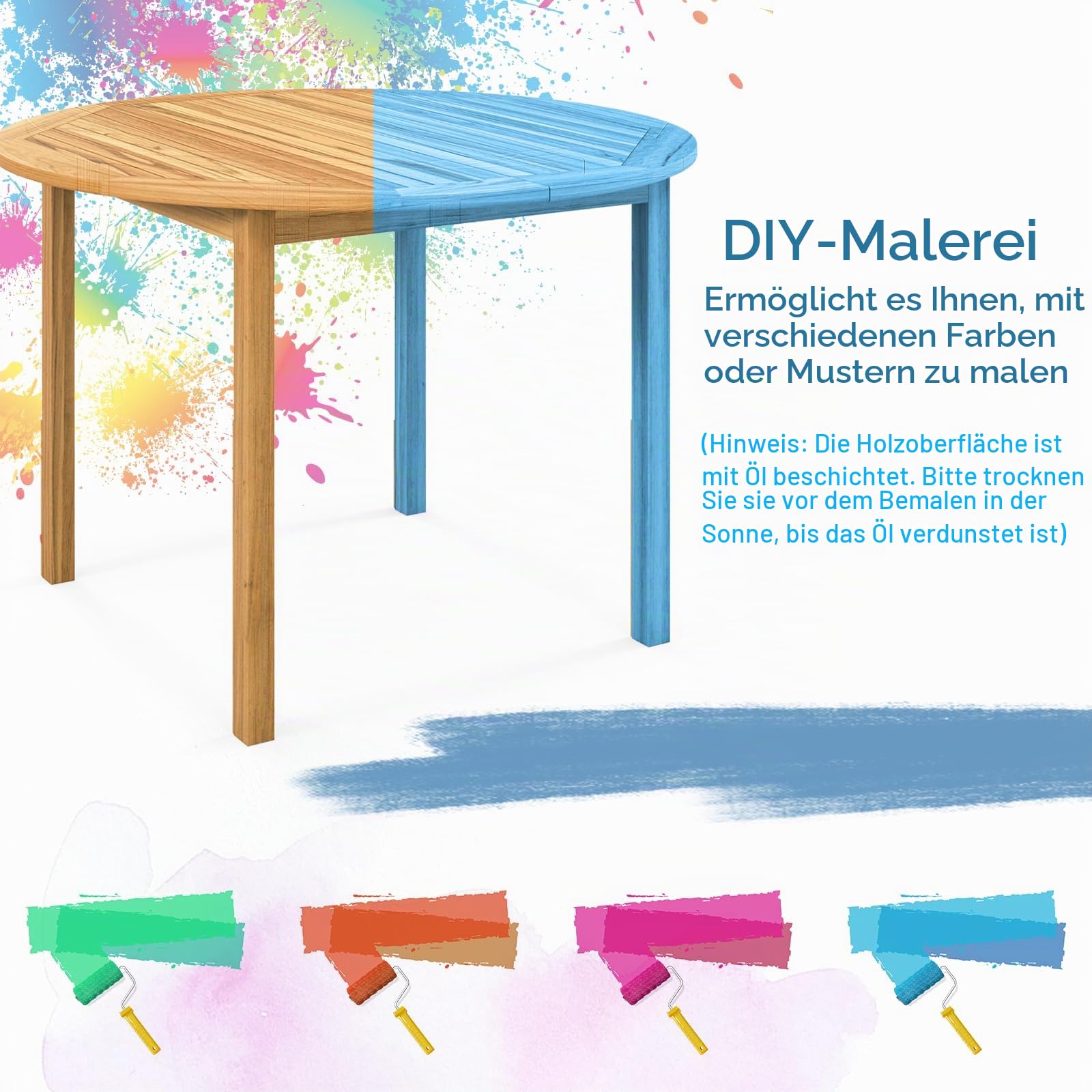 KOMFOTTEU Gartentisch aus Akazienholz, Esstisch Ø 100 cm für 4 Personen, Holztisch rund wetterfest, Terrassentisch für Hof, Terrasse, Rasen