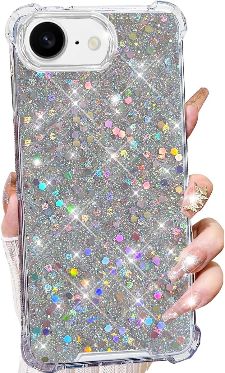 for iPhone 16e Glitter Case for Women, Cute Bling Sparkle Sparkly Shiny Reflective Soft TPU Silicone Bumper Shockproof Girls Slim Thin Protective Phone Case for iPhone 16e 6.1" 2025 (Silver) - Image 8