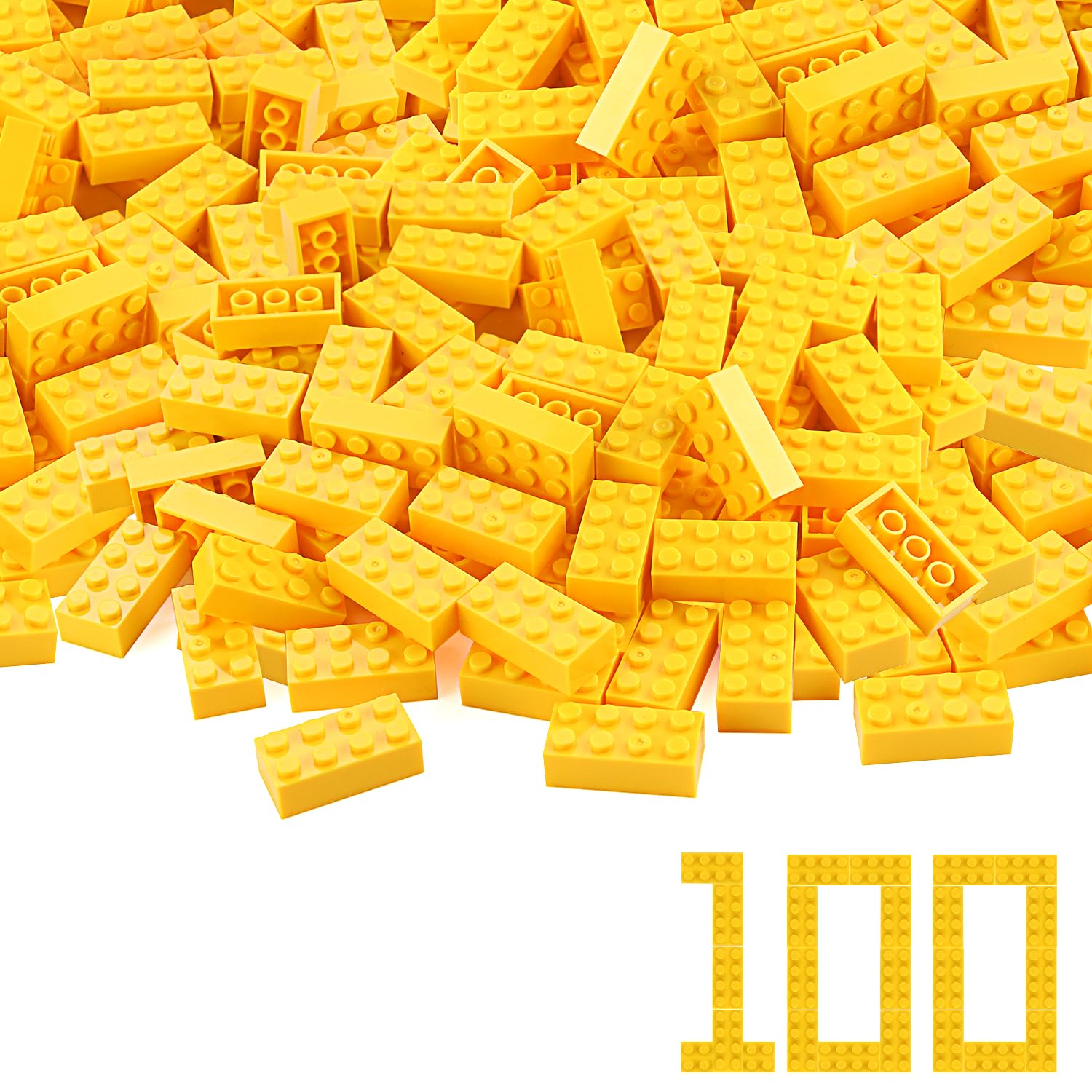 Feleph 100pcs 2x4 Bricks Yellow Building Blocks Creative Play Set Classic Basic Pieces Parts Toy Accessories Combine with 3001 Major Brick Brands