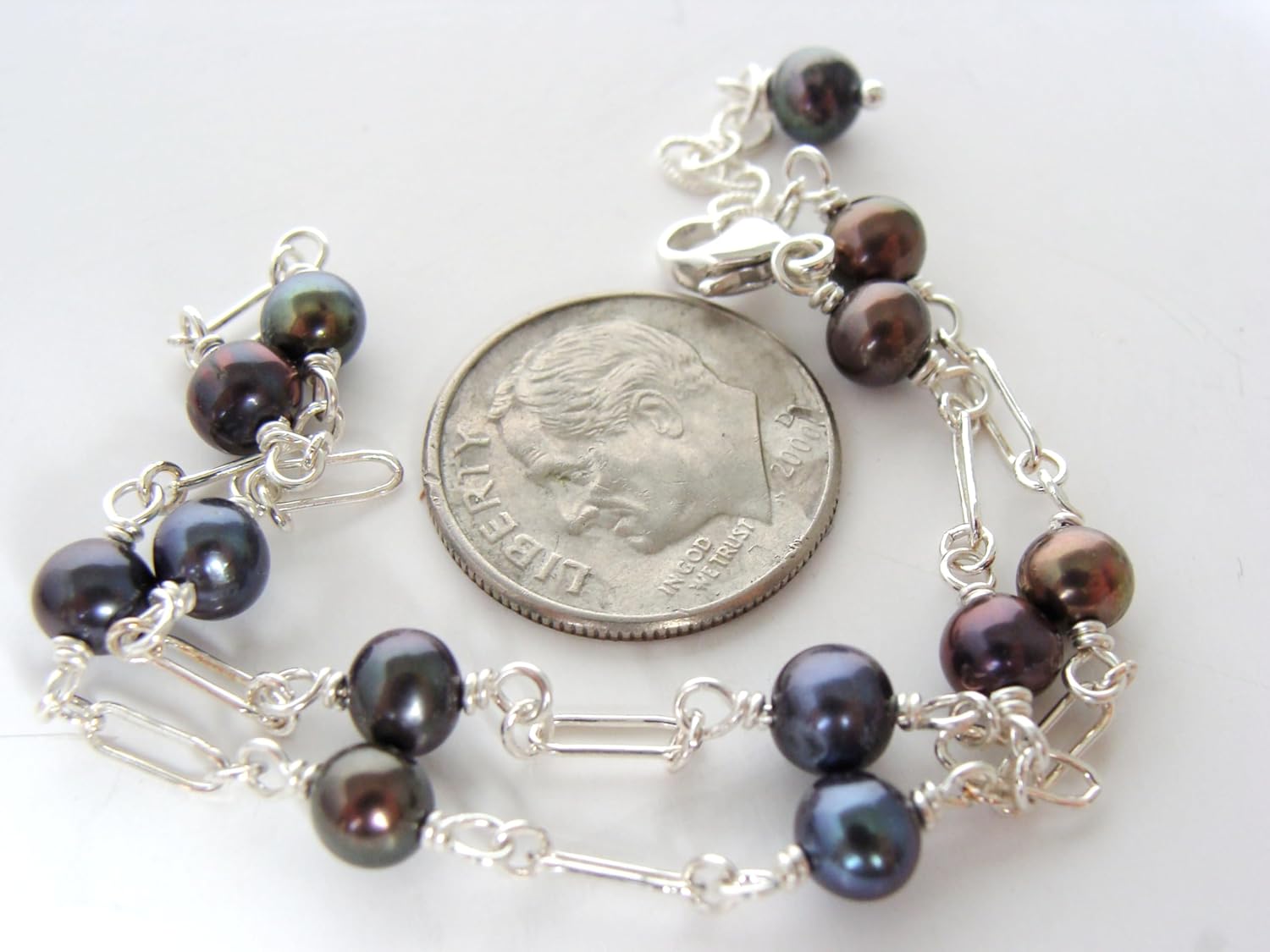 Genuine Black Pearl Sterling Silver Anklet: handmade, dainty, adjustable length 9-10 inches