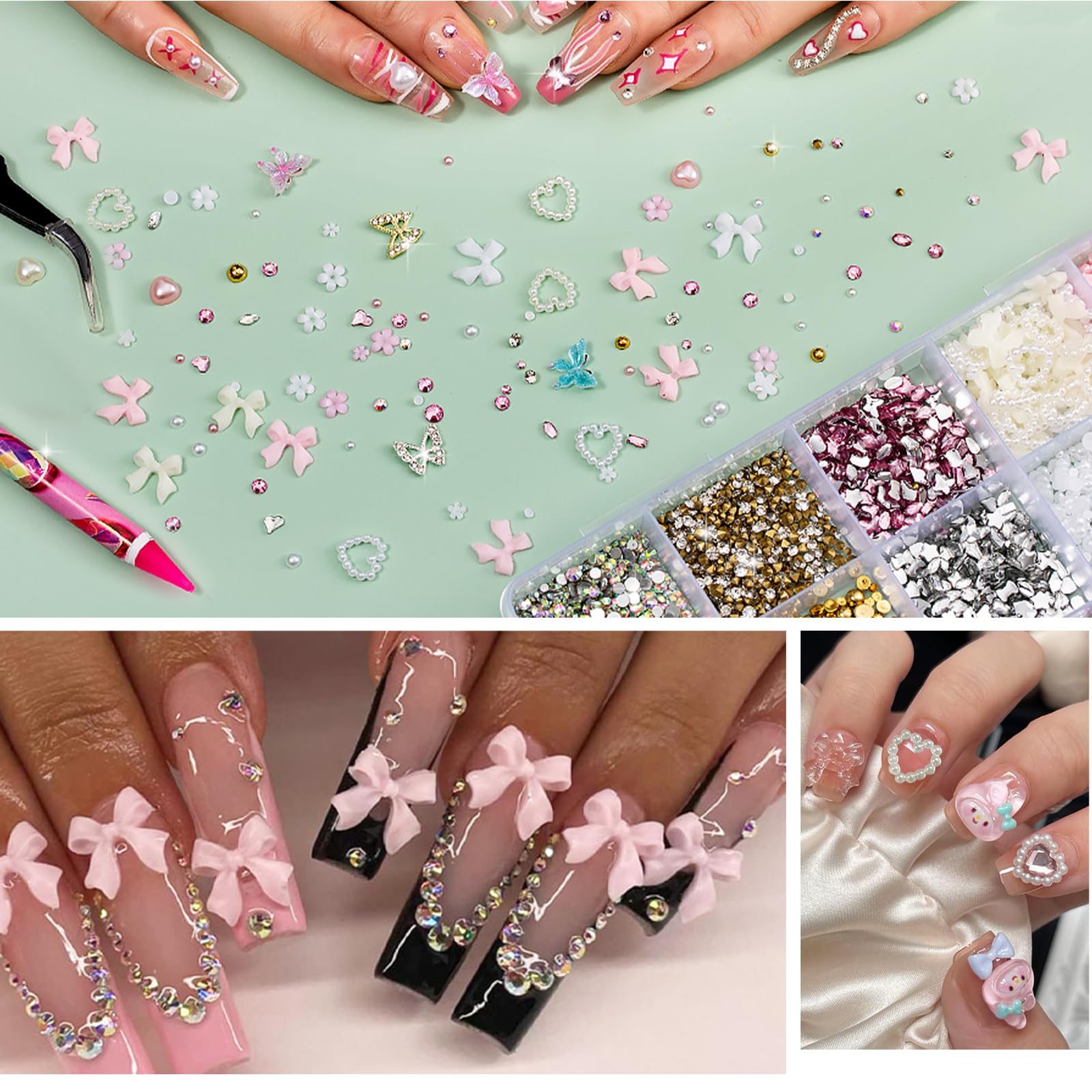 10000 Pezzi Fiocco Rosa Carino Cuore 3D Fiori Charms, Farfalla Dorata Chunky Decorazioni, Gioielli Per Unghie Diamanti Strass, Perline Per Nail Art