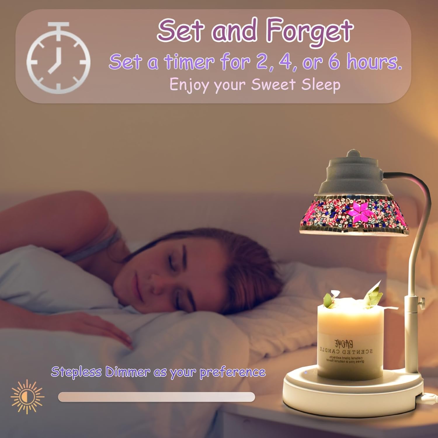 Electric Candle Warmer Lamp with Colorful Diamond Lampshade, Metal Wax Melting Lattern with Timer and Dimmer, Adjustable Height Candle Melting Lamp Home Decor (White Purple)