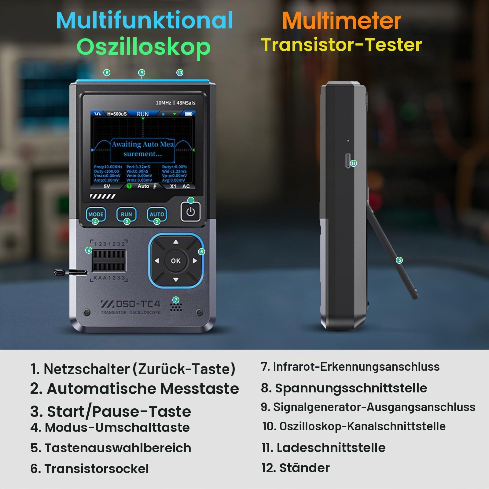 Oszilloskop Multimeter, 3 in 1 Handheld Oscilloscope mit 10MHz Bandbreite, 48MSa/s Abtastung, 2.8" TFT Display Signaenerator, USB Transistor Tester