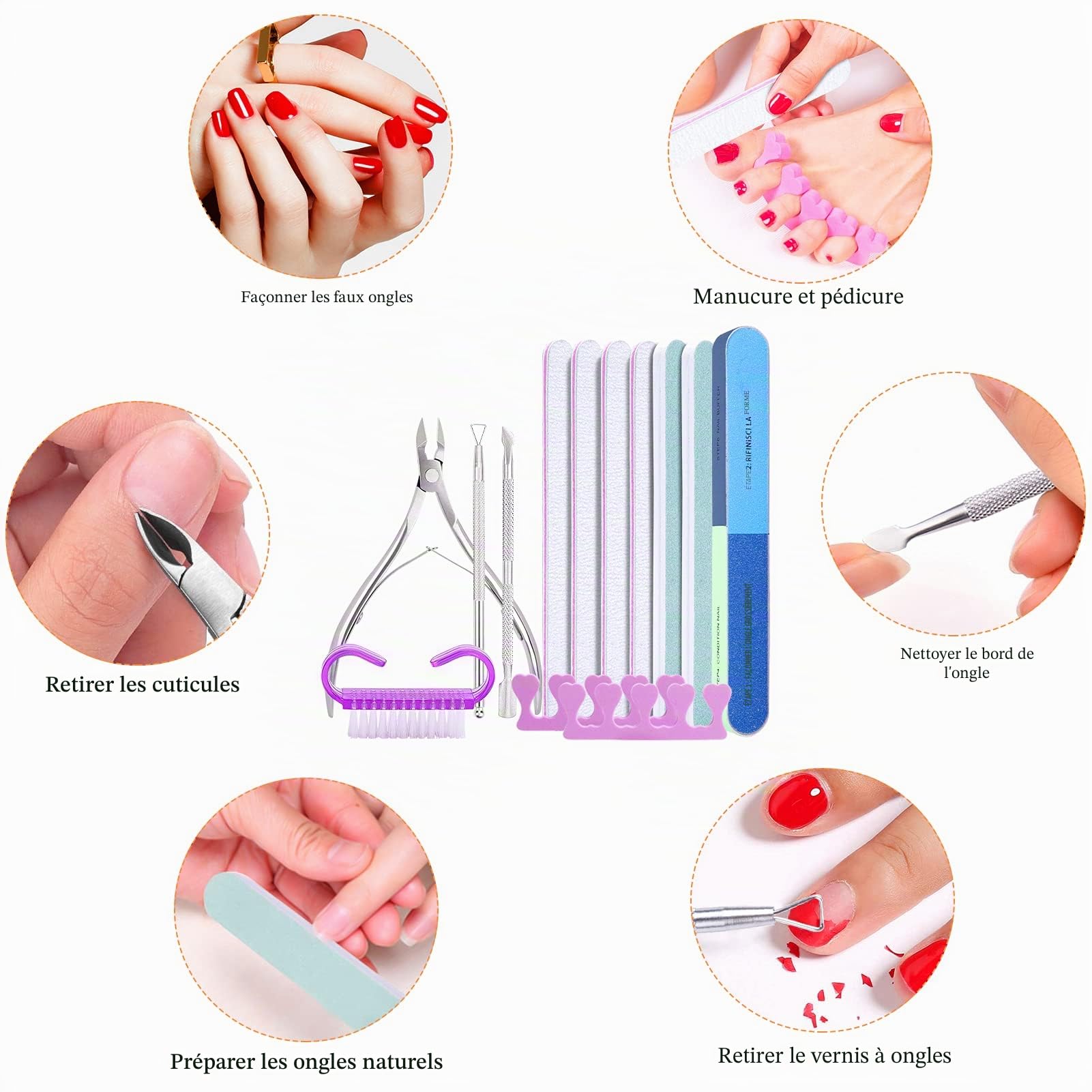 Kiiwah 13pcs Lot de Limes à Ongles Professionnelle et Pousse Coupe Cuticule, Bloc Polissoir Ongles 7 Faces avec Brosse Ongles et Separateur Orteil pour Femmes Manucure