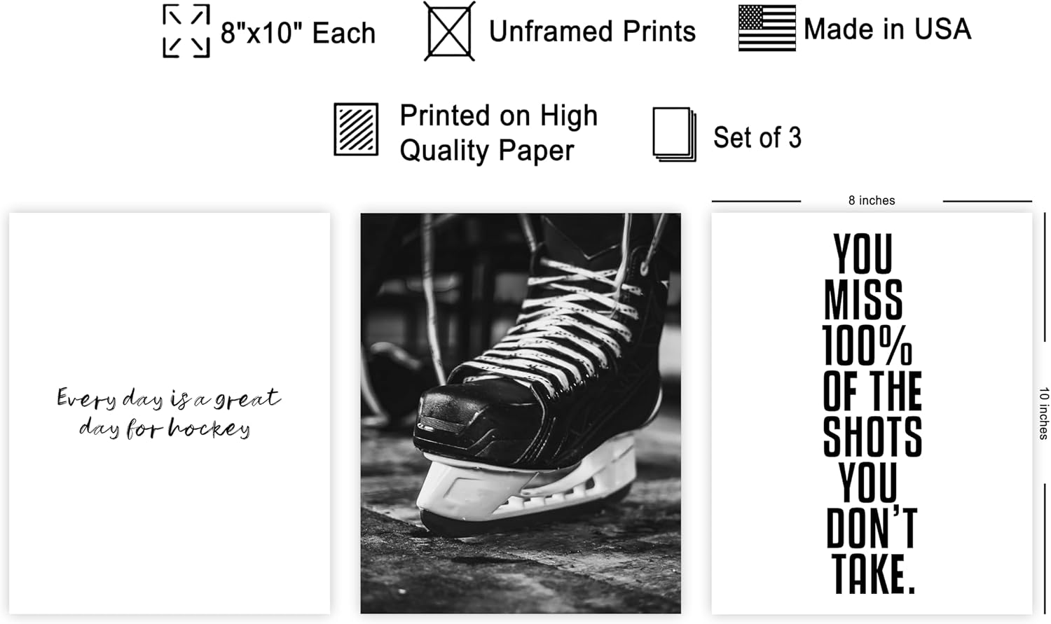 Poster Master 3-Piece Hockey Poster - Everyday Is A Great Day For Hockey Print - Sports Art - Ice Skate Illustration - Black and White Design - Bedroom Wall Decor - 8x10 UNFRAMED Wall Display