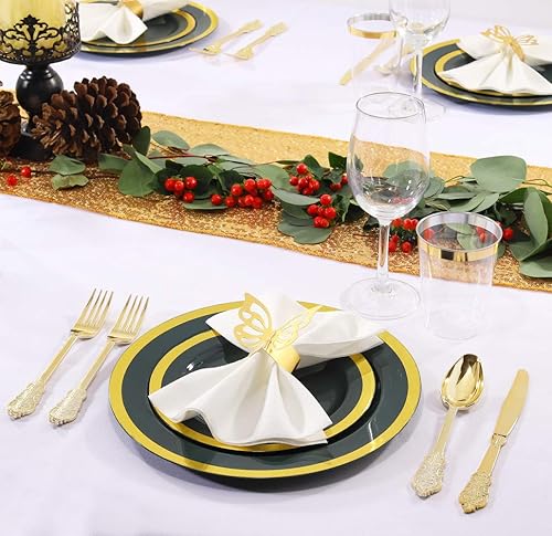 Miniatura 4 de Nervure 102 platos de plástico verde  Los platos desechables de fiesta verde esmeralda incluyen 51 platos llanos de 10.25 pulgadas y 51 platos de