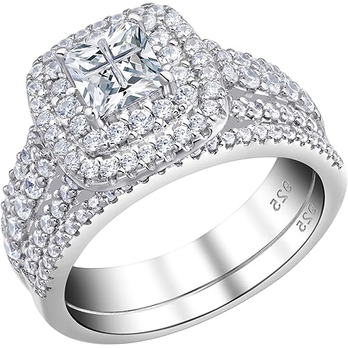 Newshe Jewellery Cubic Zirconia Wedding Rings for Women Engagement Ring Sets Sterling Silver Bridal Promise Princess Cross Anniversary Band Size 4-13