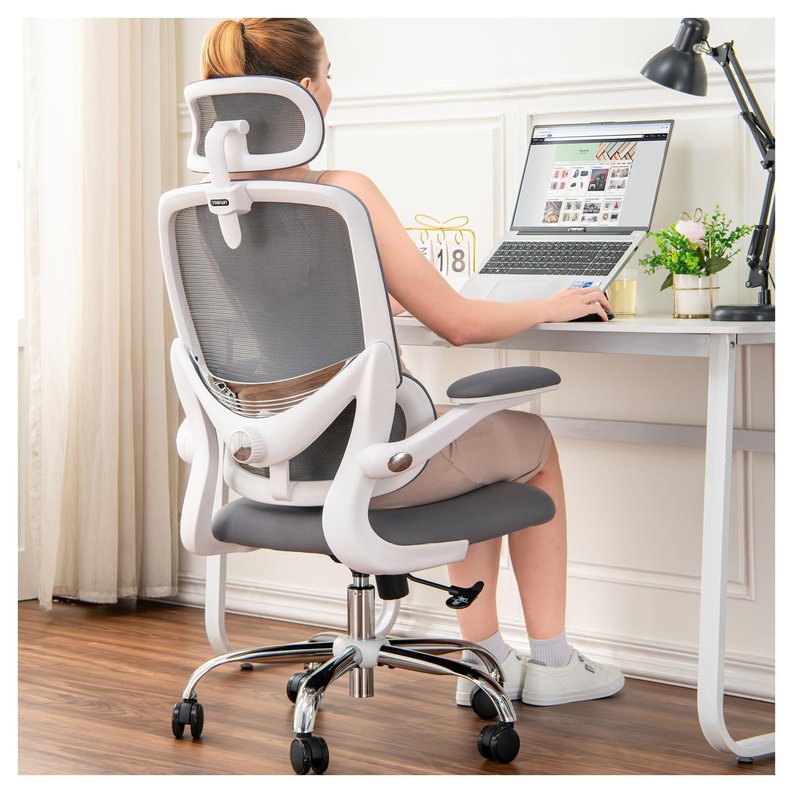 TONFARY Silla Ergonómica para Oficina, Silla de Escritorio Respaldo Alto de Malla, Soporte Lumbar Ajustable, Reposabrazos Abatible, Reposacabezas Desmontable, Silla Giratoria para Juegos, 150 KG