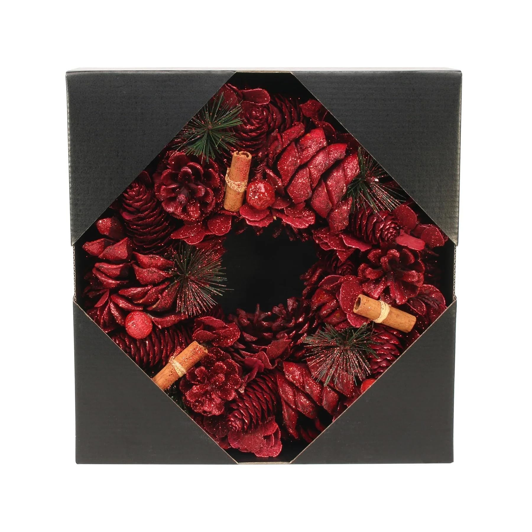 Deco Desire Red Glitter Cinnamon Christmas Wreath | Xmas Decoration | Holly Wreath | Hanging Door Festive Decor | Indoor Decor | Christmas Spirit (Red Glitter Cinnamon)
