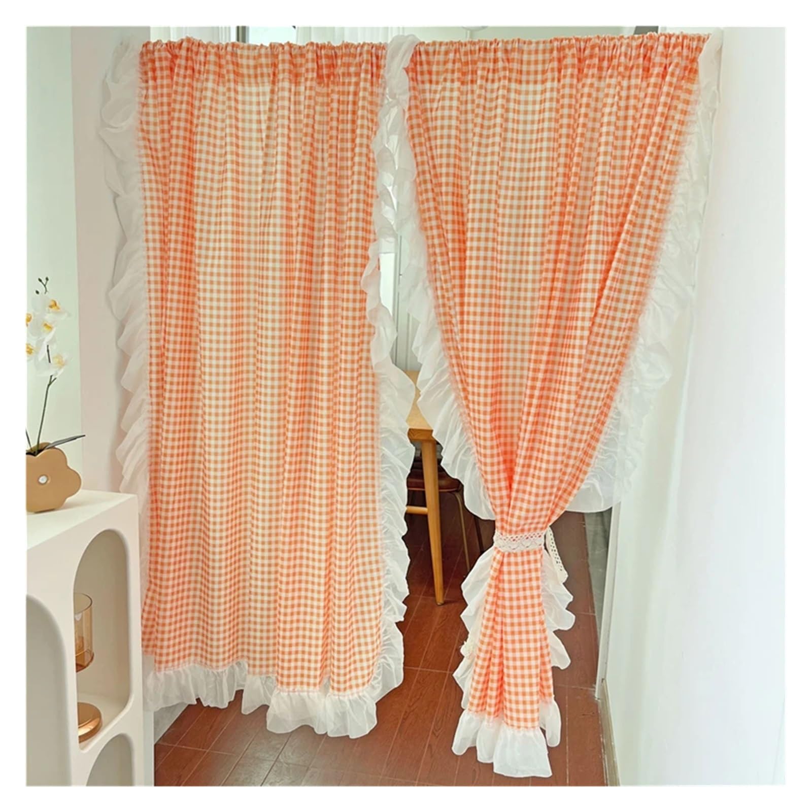 DFGRGRV Ruffle Curtains Yellow/Pink/Green/Blue Lattice Door Curtains for Living Room Japanese Lace Ruffled Plaid for Kitchen(Orange,W140 X H100 CM)