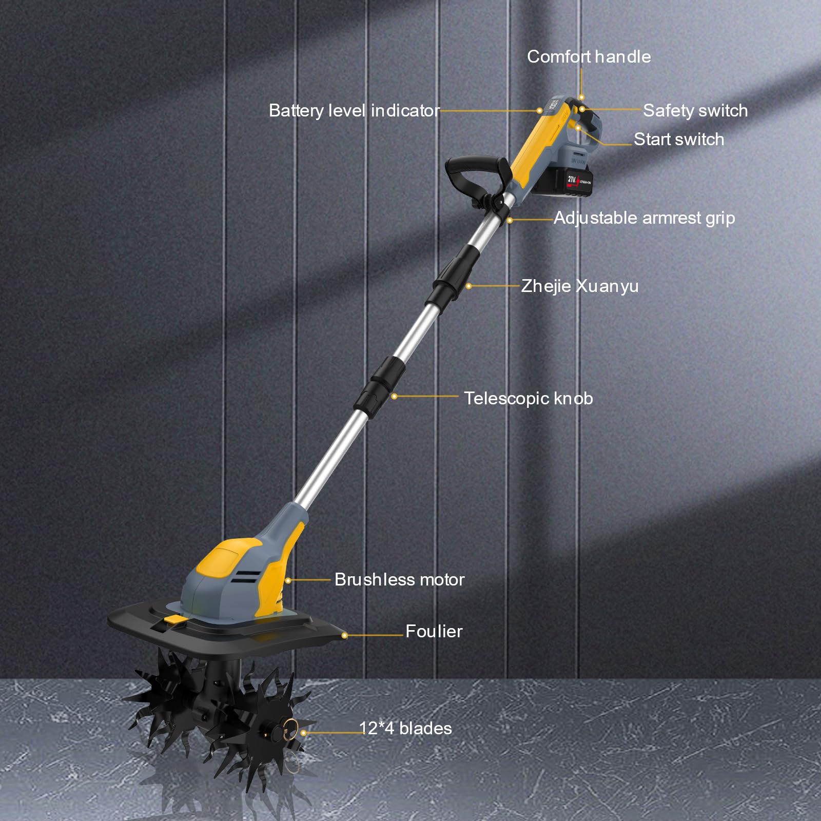 Motoazada Electrica 800W,Motocultor Plegable,Profundidad de Labranza 20 cm, Anchura de Labranza 23 cm, con Pantalla Indicadora de Carga para Labrar Jjardines y Huertos (Dos Baterías)