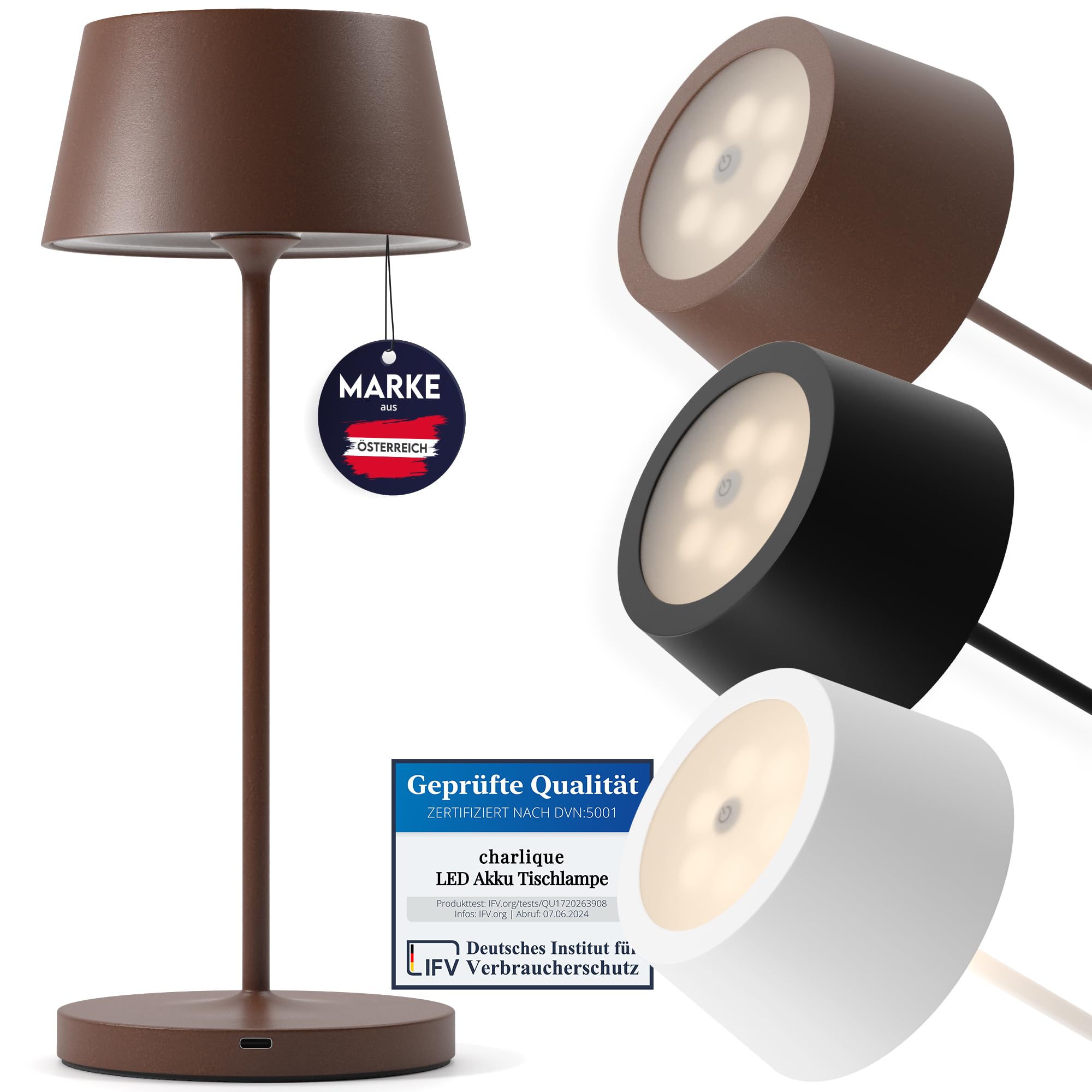 Dinner Light 2 - Lámpara mesa LED con puerto USB en color marrón, con batería extrafuerte y recargable, intensidad regulable, luz cálida, portatil para interior y exterior,