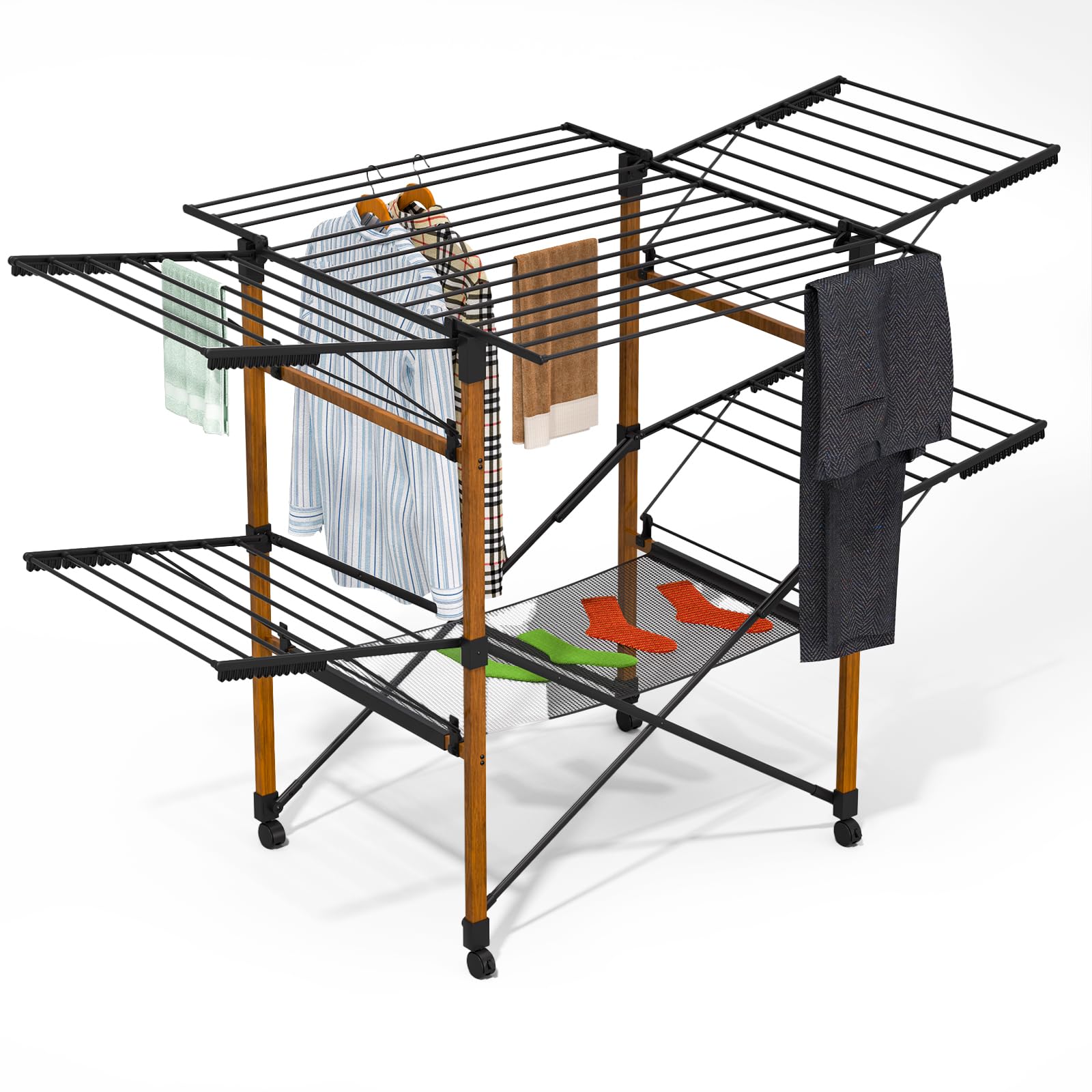 VOUNOT® Wäscheständer ausziehbar, Standtrockner mit Rollen & Wäschenetz, Flügel Wäscheständer Wäschetrockner, Trockenlänge 30m, platzsparend, klappbar, für Innen und Außen, 173x94x123cm, Schwarz