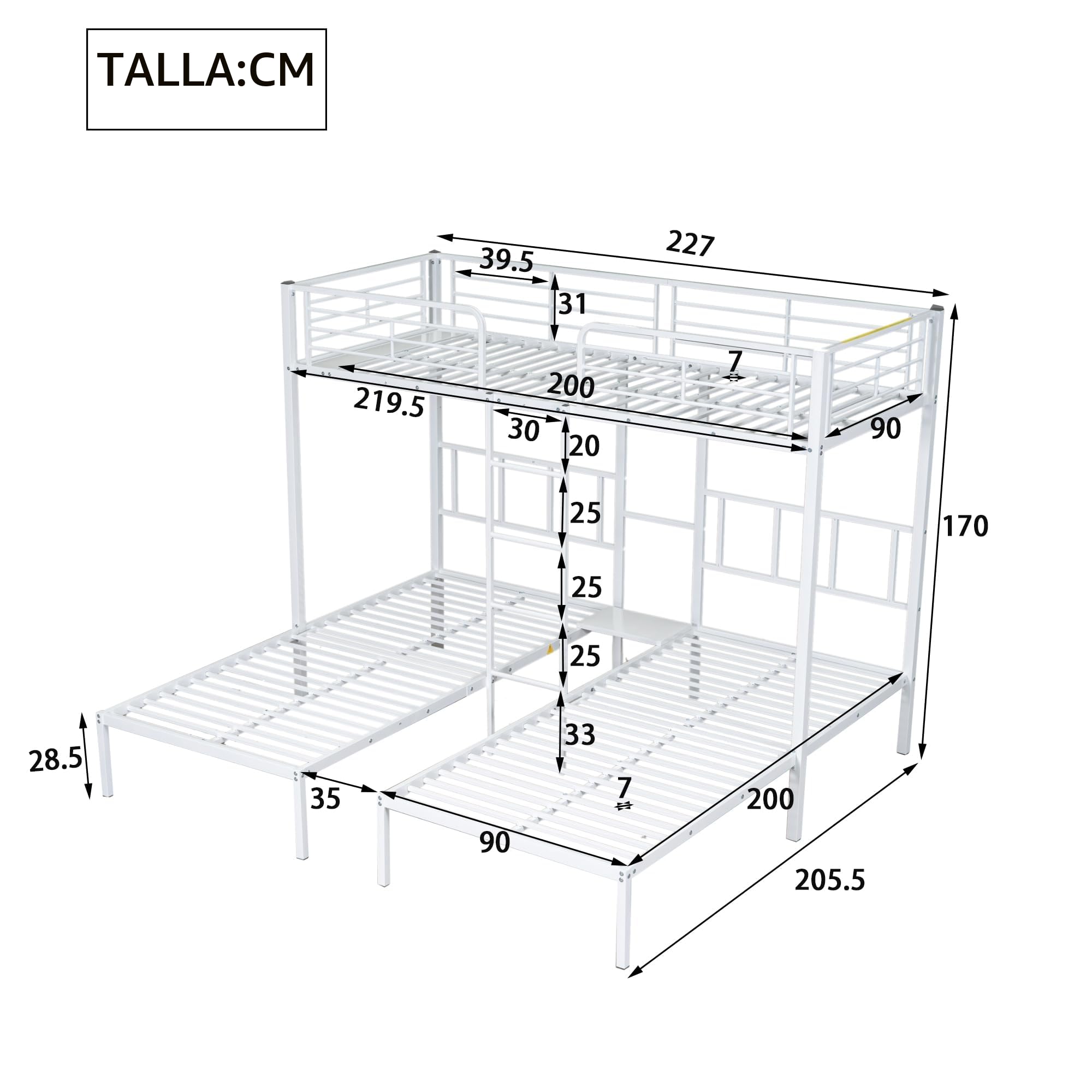 Litera triple con escalera para niños y adolescentes, cama de hierro con rejilla anticaídas y mesa, 90 x 200 cm x 3 (blanco)