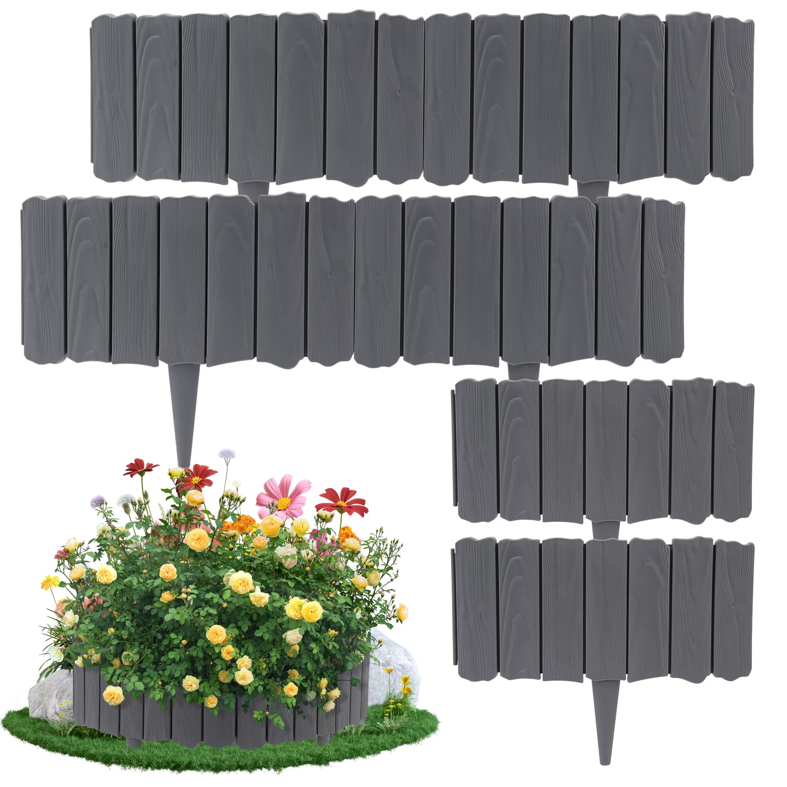 1.8m Graphite Edging, Interlocking Garden Border Panels with Ground Spikes, Wood Effect Plastic Lawn Edging for Flower Beds Paths Patio