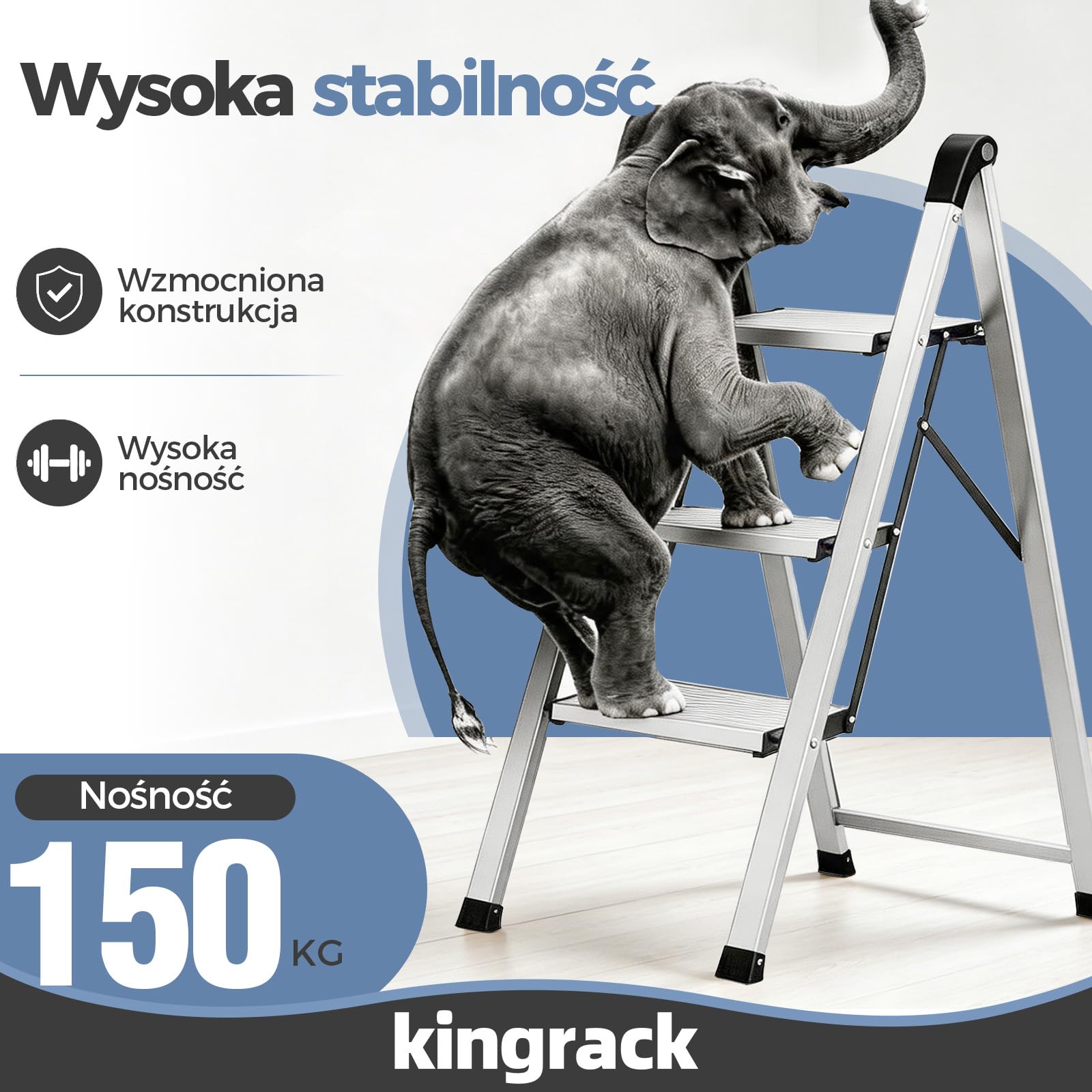 KINGRACK Aluminiowa drabina składana 3-stopniowa, antypoślizgowa poręcz, do 150 kg, srebrna