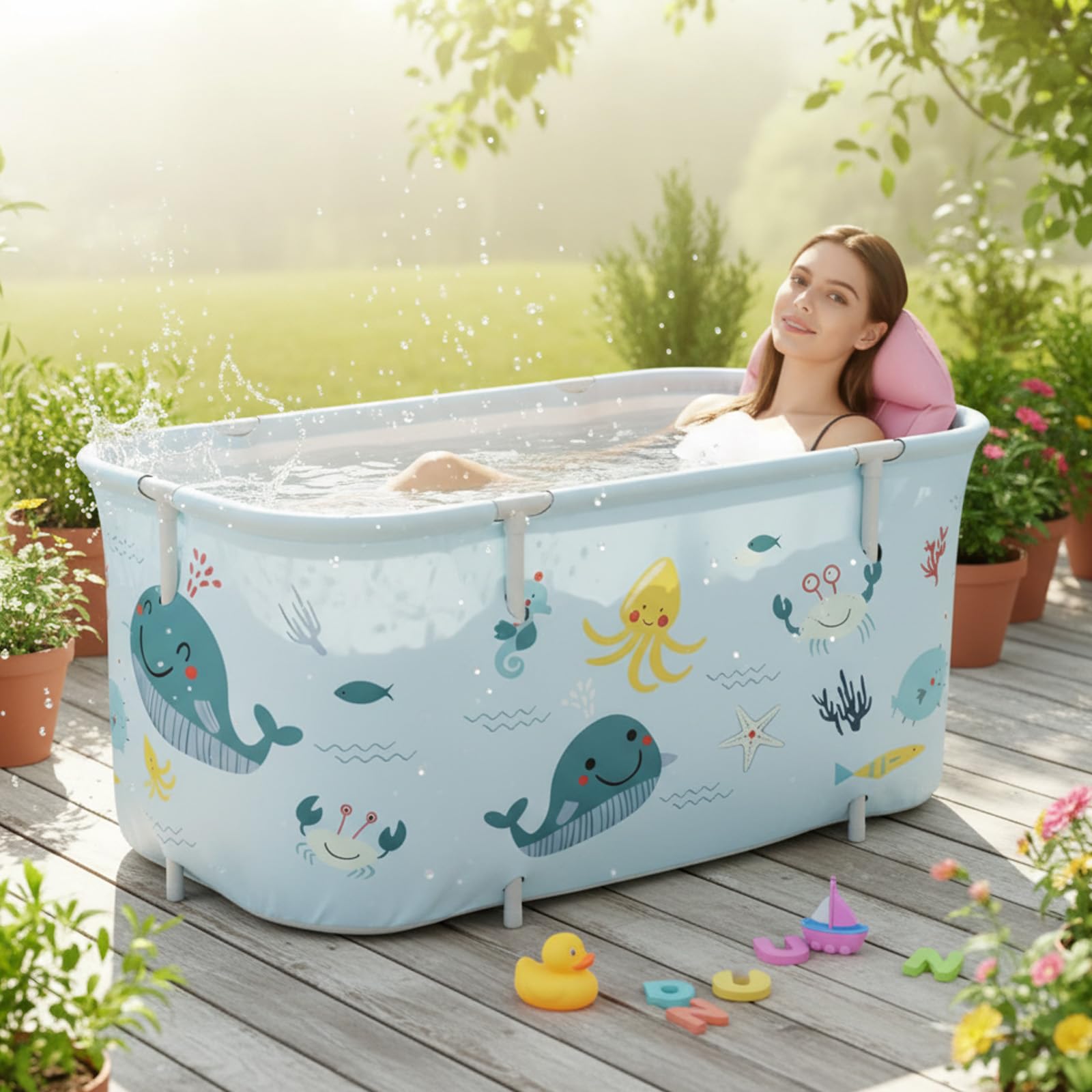 Bañera plegable para adultos, 140 x 50 x 55 cm, bañera móvil portátil con cojín y respaldo, bañera SPA para ducha, bañera plegable independiente para adultos y niños, estilo océano