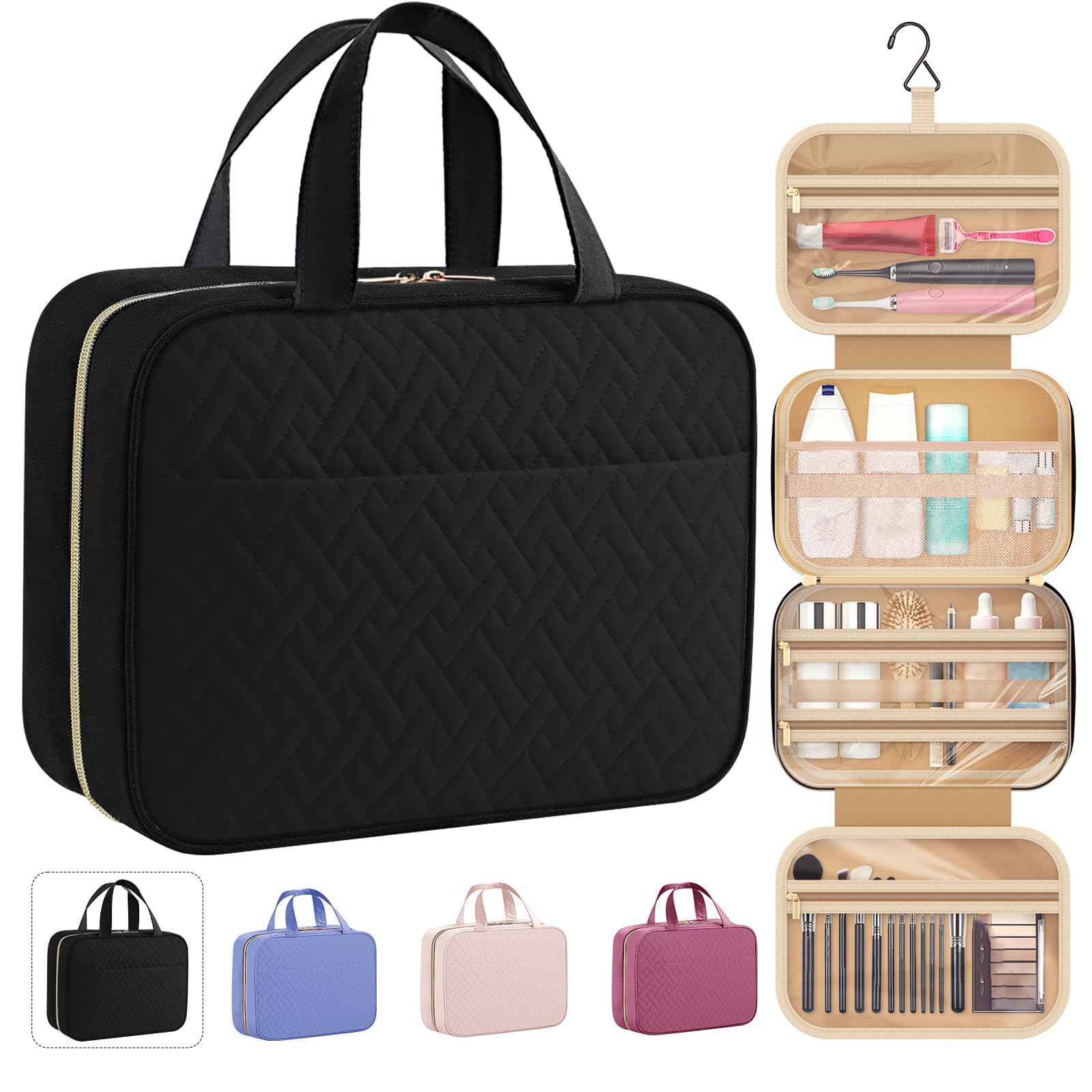 Neceser de viaje grande con gancho para colgar, bolsas de maquillaje espaciosas, organizador de cosméticos, bolsas de almacenamiento para mujeres y niñas