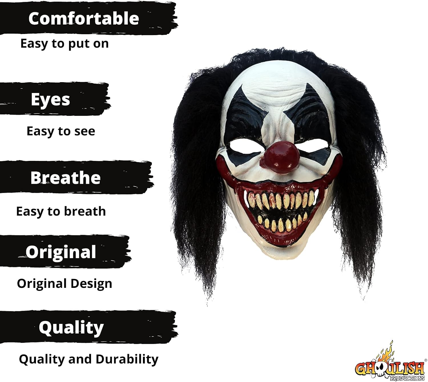 Miniatura 3 de Ghoulish Productions Darky the payaso, máscara negra de payaso espeluznante. Máscara de látex de payaso espeluznante con dientes puntiagudos.