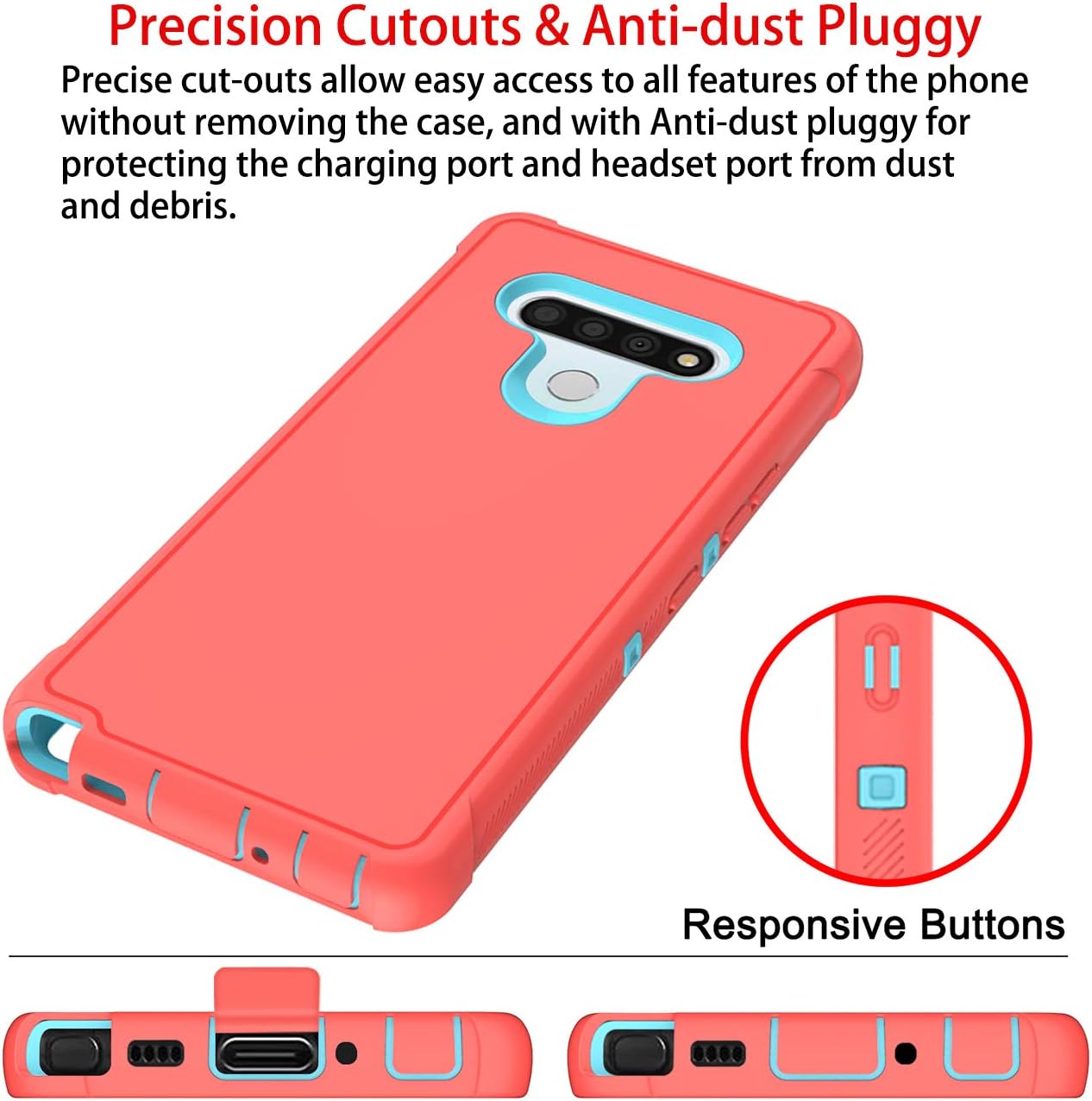 PhuLok Compatible with LG Stylo 6 Case with HD Screen Protector, Heavy Duty Armor Dual Layer Full Body Protective Shockproof Sports Anti-Scratches Non-Slip Bumper Rugged(Fluorescent Pink/Sky Blue)