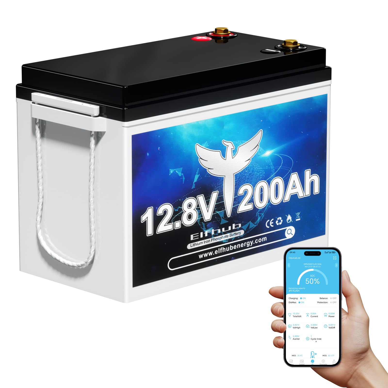 12V 200Ah LiFePO4 Lithium Battery with 2560Wh Energy, Built-in 200A BMS, Max 2560Wh Load Power, 10 Years Lifetime Up to 15000 Cycles, Perfect for RV Camping Solar Energy Storage Marine Trolling Motor