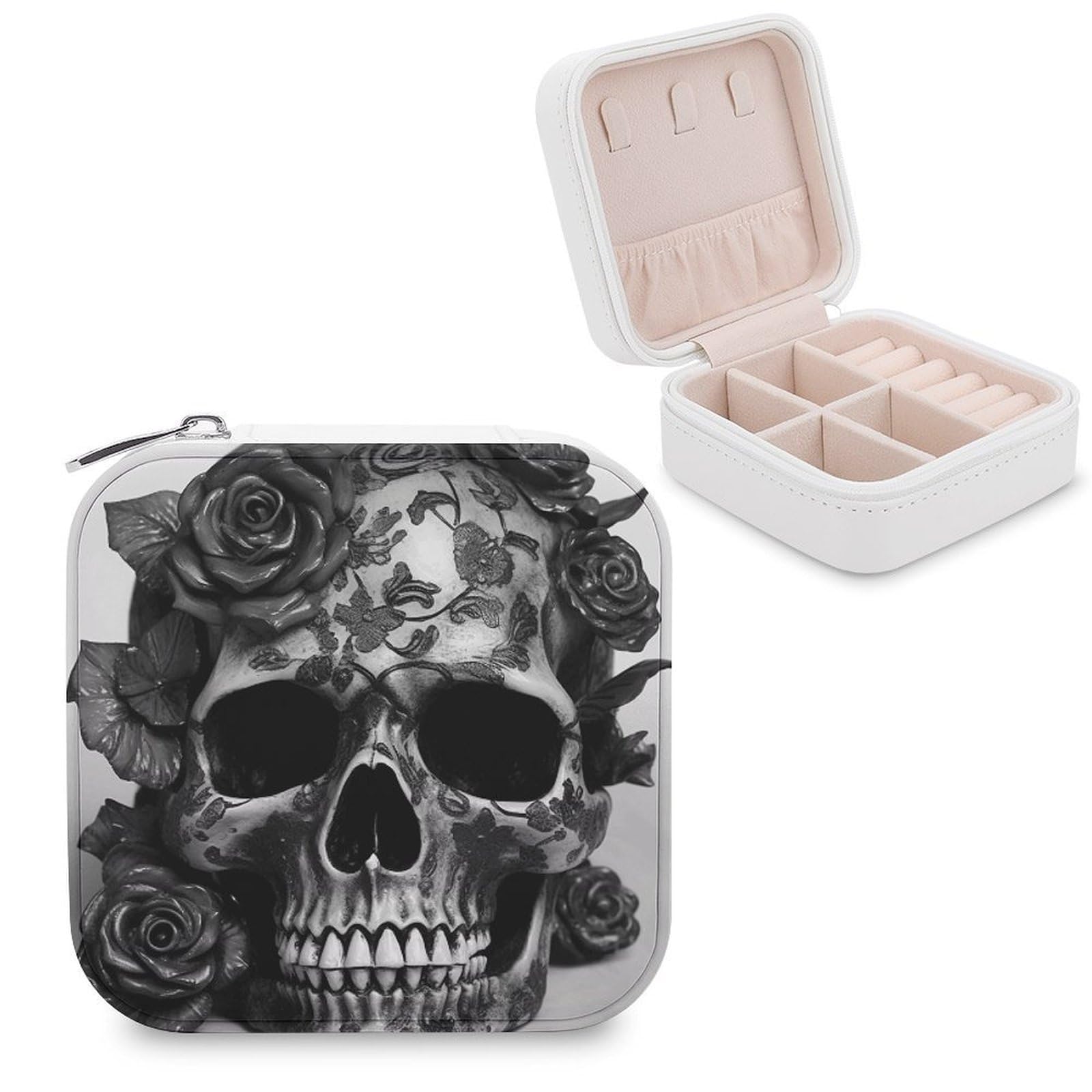 VstaDank Black Skull Rose Travel Jewelry Case Zipper Portable Small Jewelry Box Custom Pu Leather Mini Traveling Jewelry Organizer for Rings Earrings Necklace Bracelet Girls Women