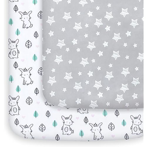 Pack and Play Sheets, 2 Pack Mini Crib Sheets, Stretchy Playard Fitted Sheet, Compatible with Graco Pack n Play, Soft and Breathable Material, Stars & Bunny