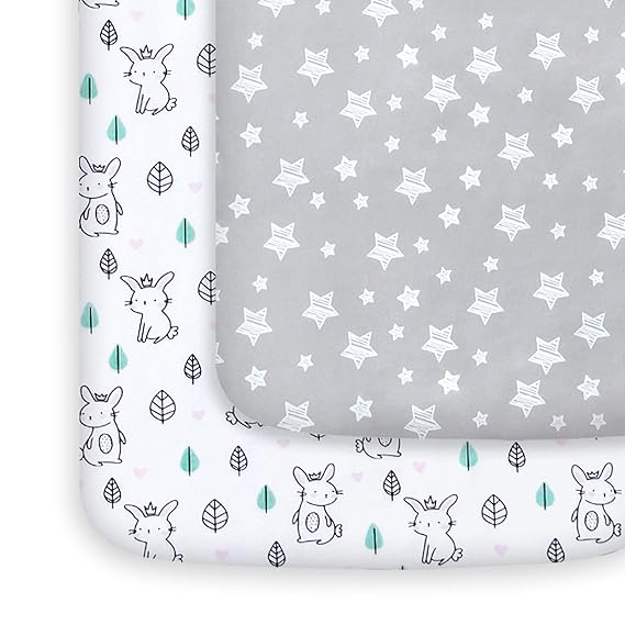 Pack and Play Sheets, 2 Pack Mini Crib Sheets, Stretchy Playard Fitted Sheet, Compatible with Graco Pack n Play, Soft and Breathable Material, Stars & Bunny