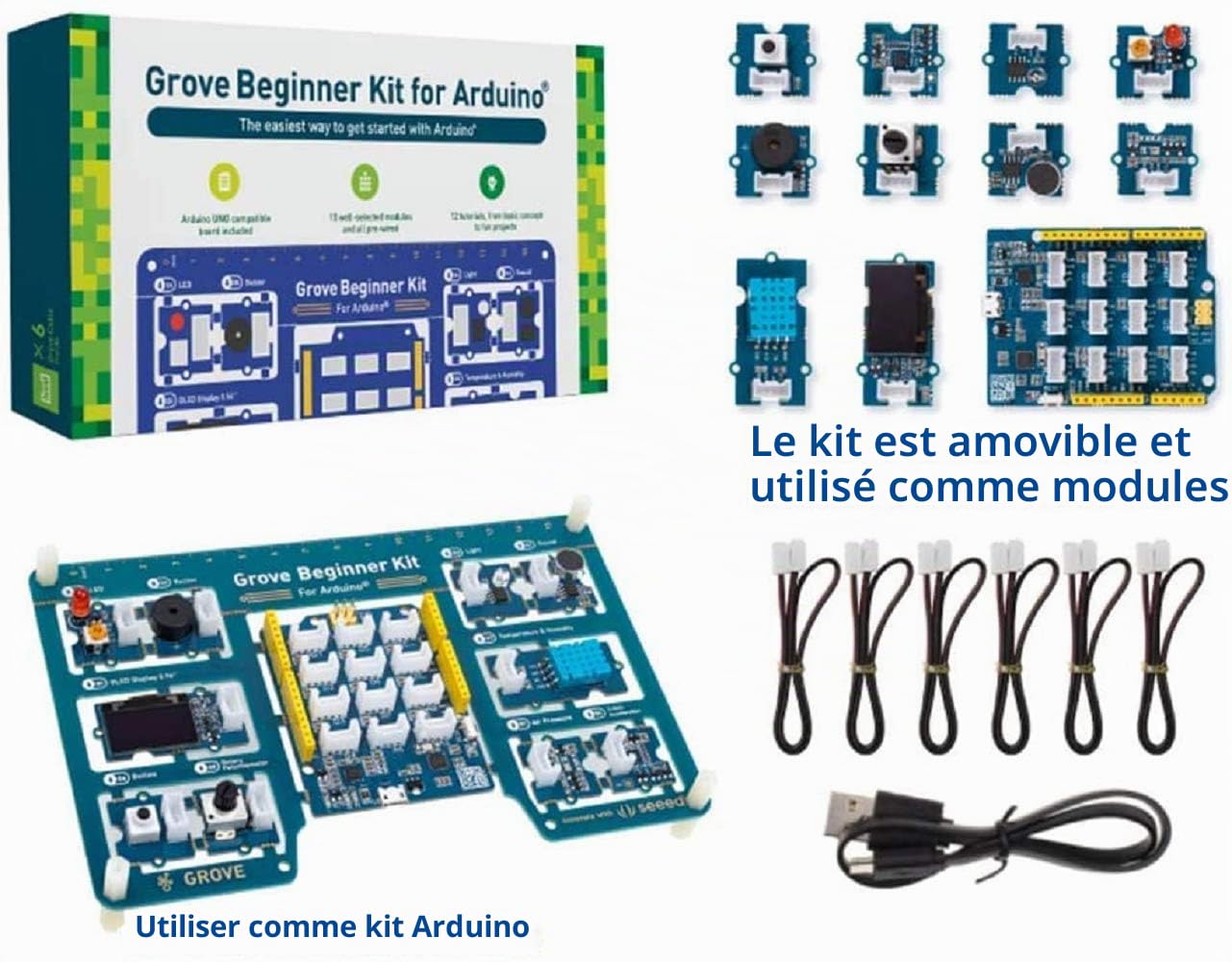 Seeed Studio Grove Kit Débutant – Carte Arduino Uno Compatible avec 10 Capteurs et 12 Projets