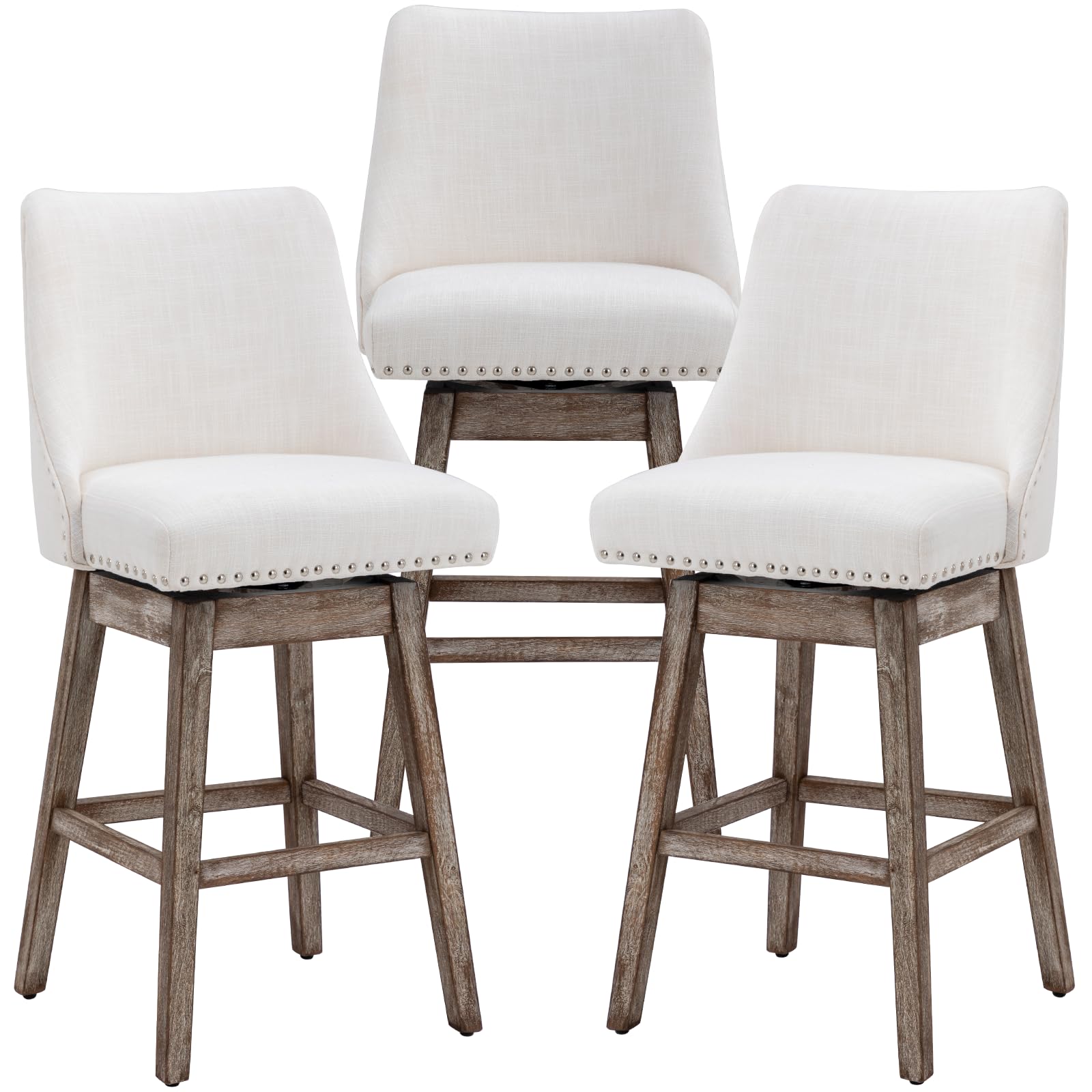 27.5" Counter Height Bar Stools Set of 3, Linen Fabric Mid Century Modern Swivel Barstools with Back & Wood Legs Comfy Upholstered Counter Chairs for Home Bar/Dining Room/Restaurant, Cream