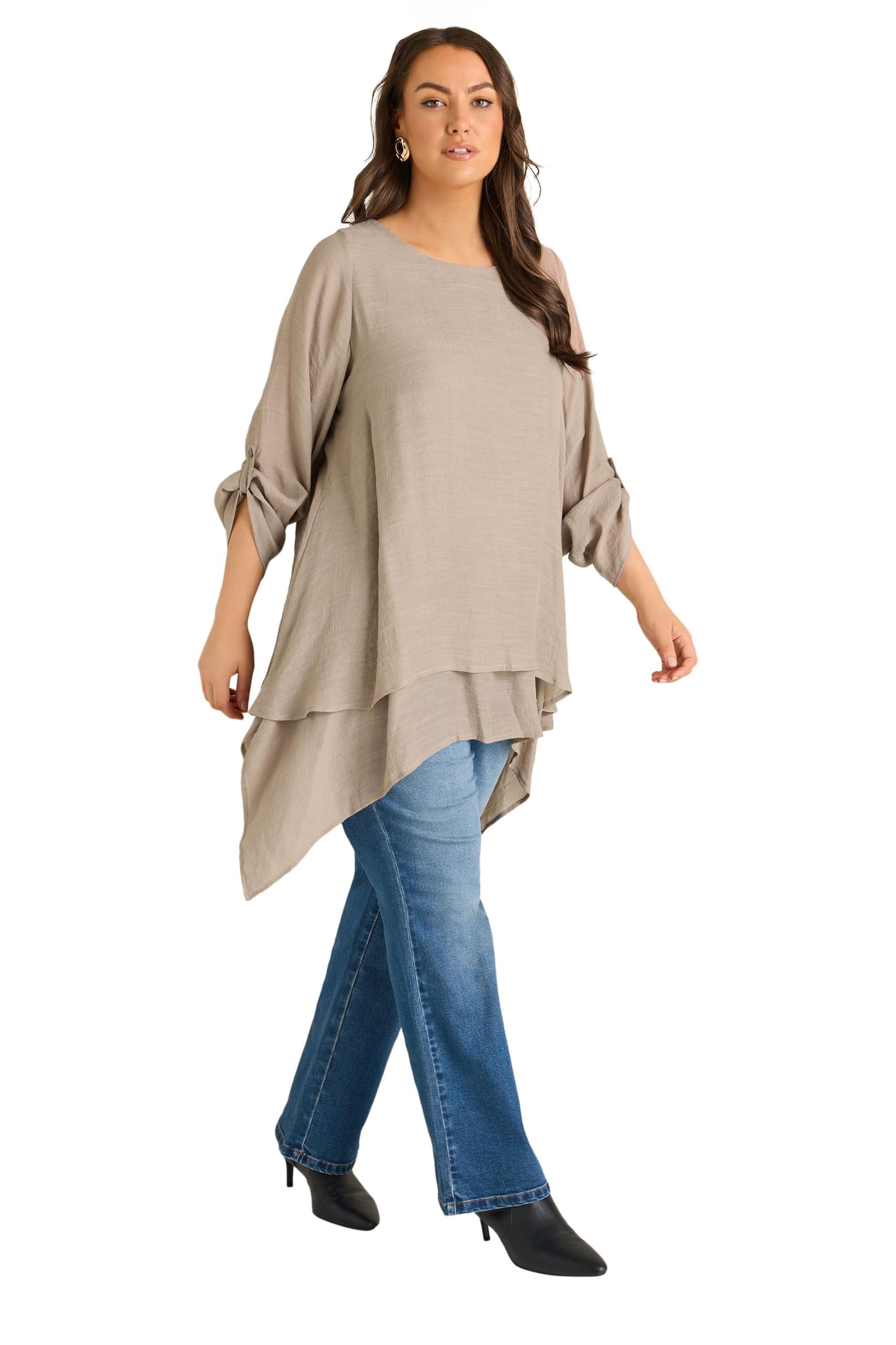 Evans Women's Taupe Curve Natural Brown Double Layer Blouse - Plus Size Curve
